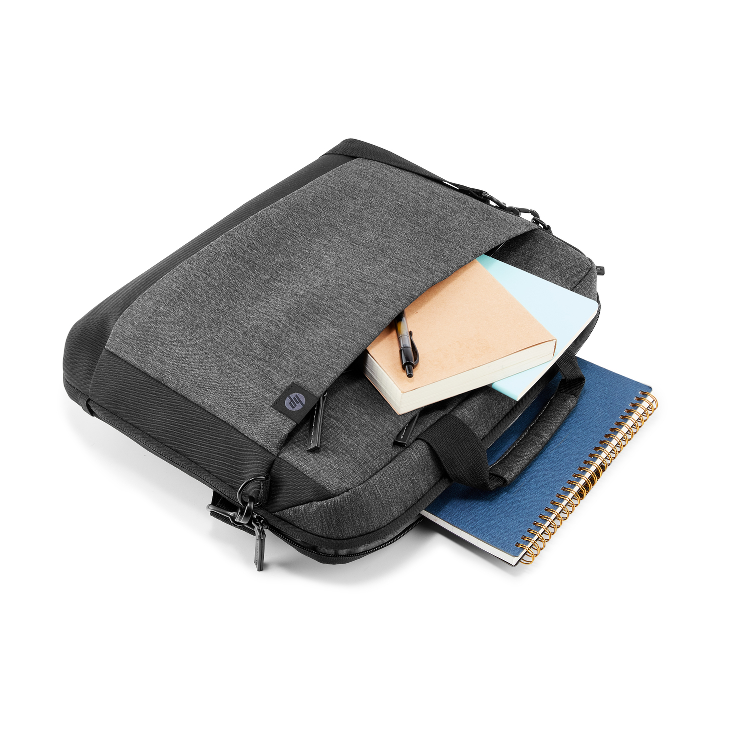 A gray laptop bag with a notebook, pen, and book inside.