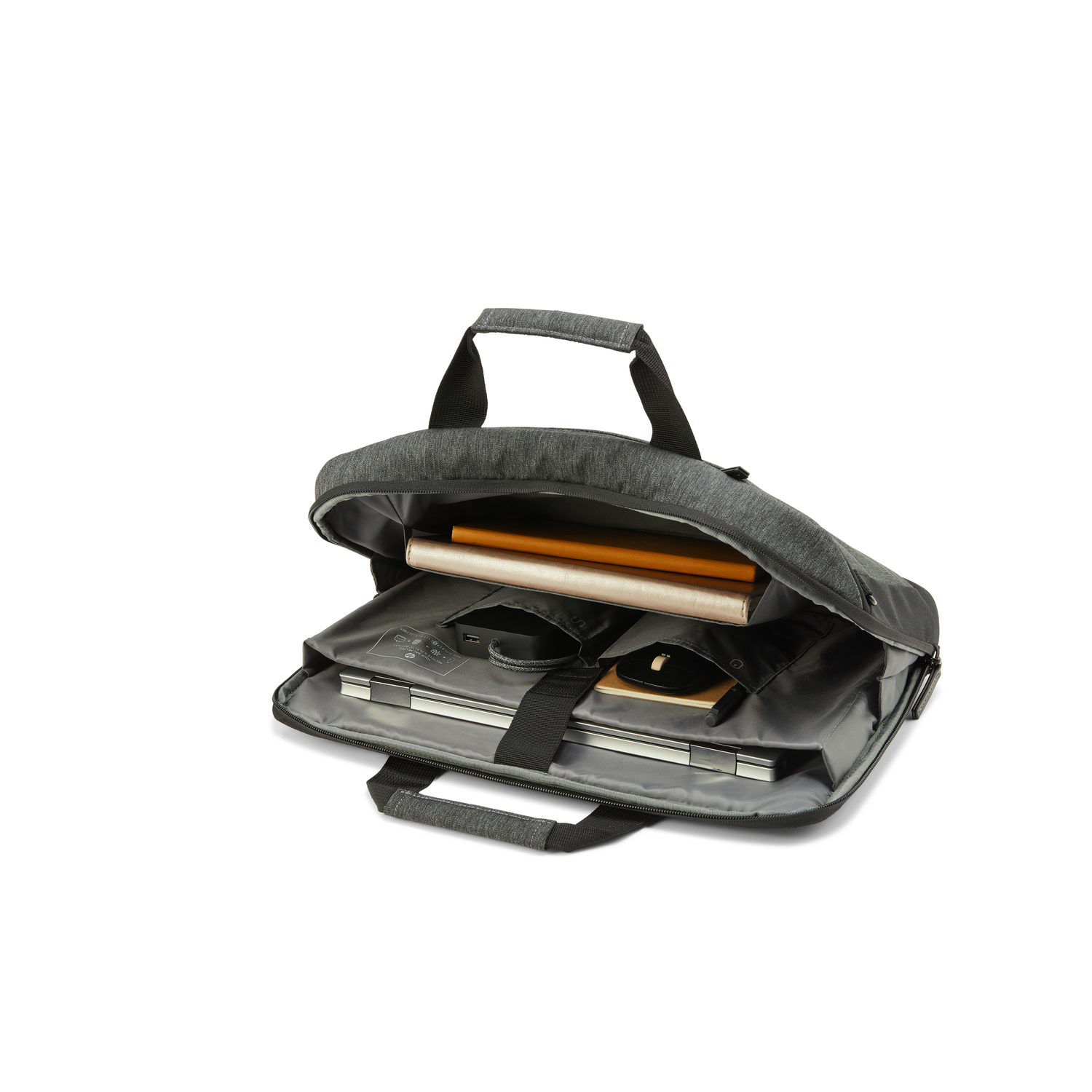 A laptop bag open with a laptop, mouse, and other accessories inside.