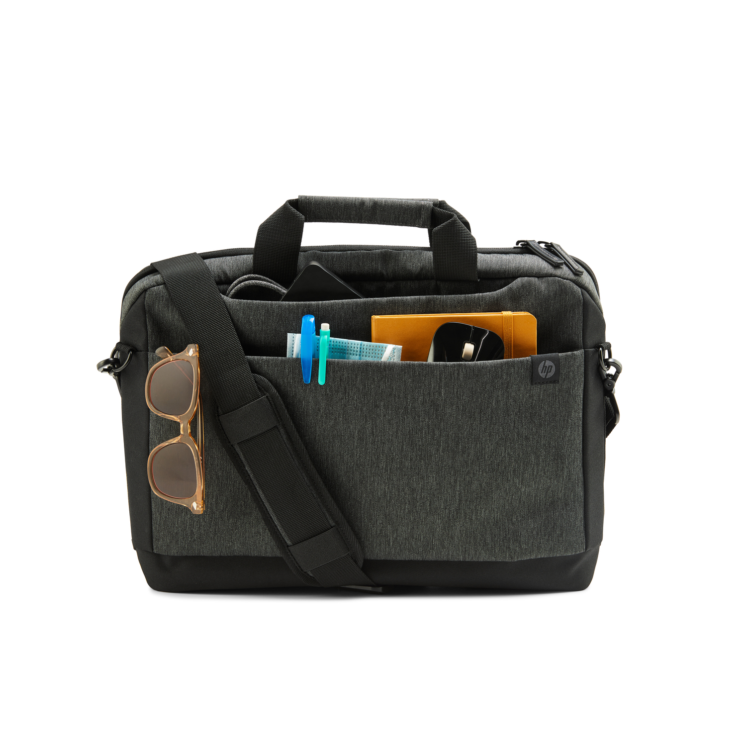 A gray HP laptop bag with sunglasses, pens, and other items in its pockets.