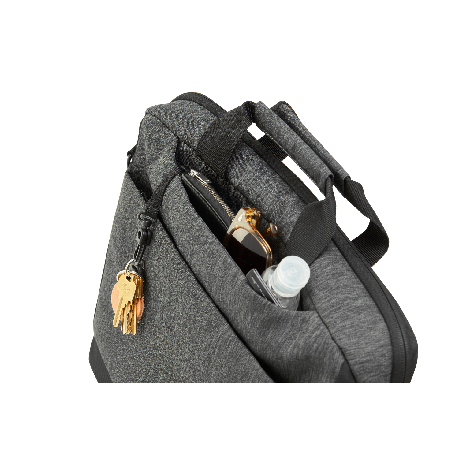 Gray laptop bag open with items inside, keys.