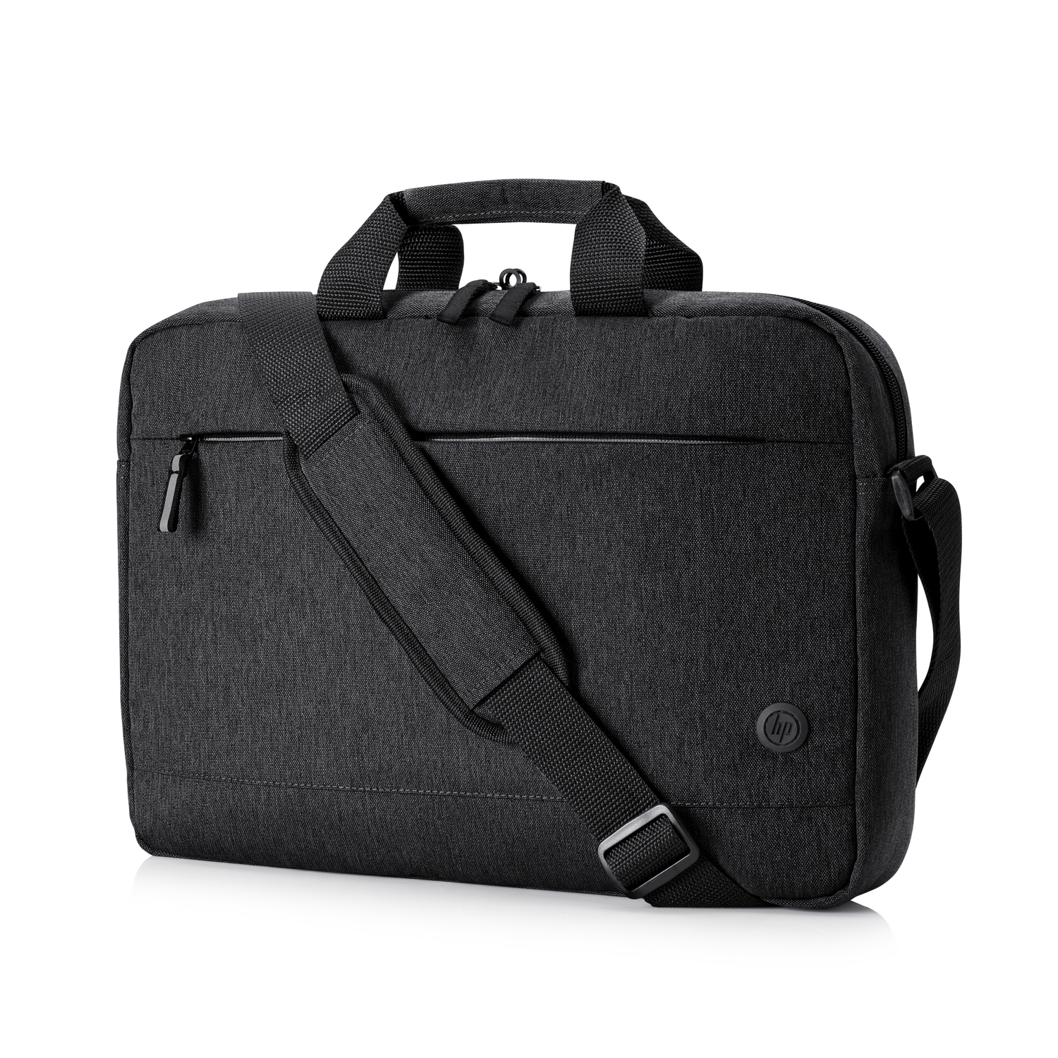 Sacoche pour ordinateur portable HP noire avec bandoulière et poignée. Le logo HP est visible.