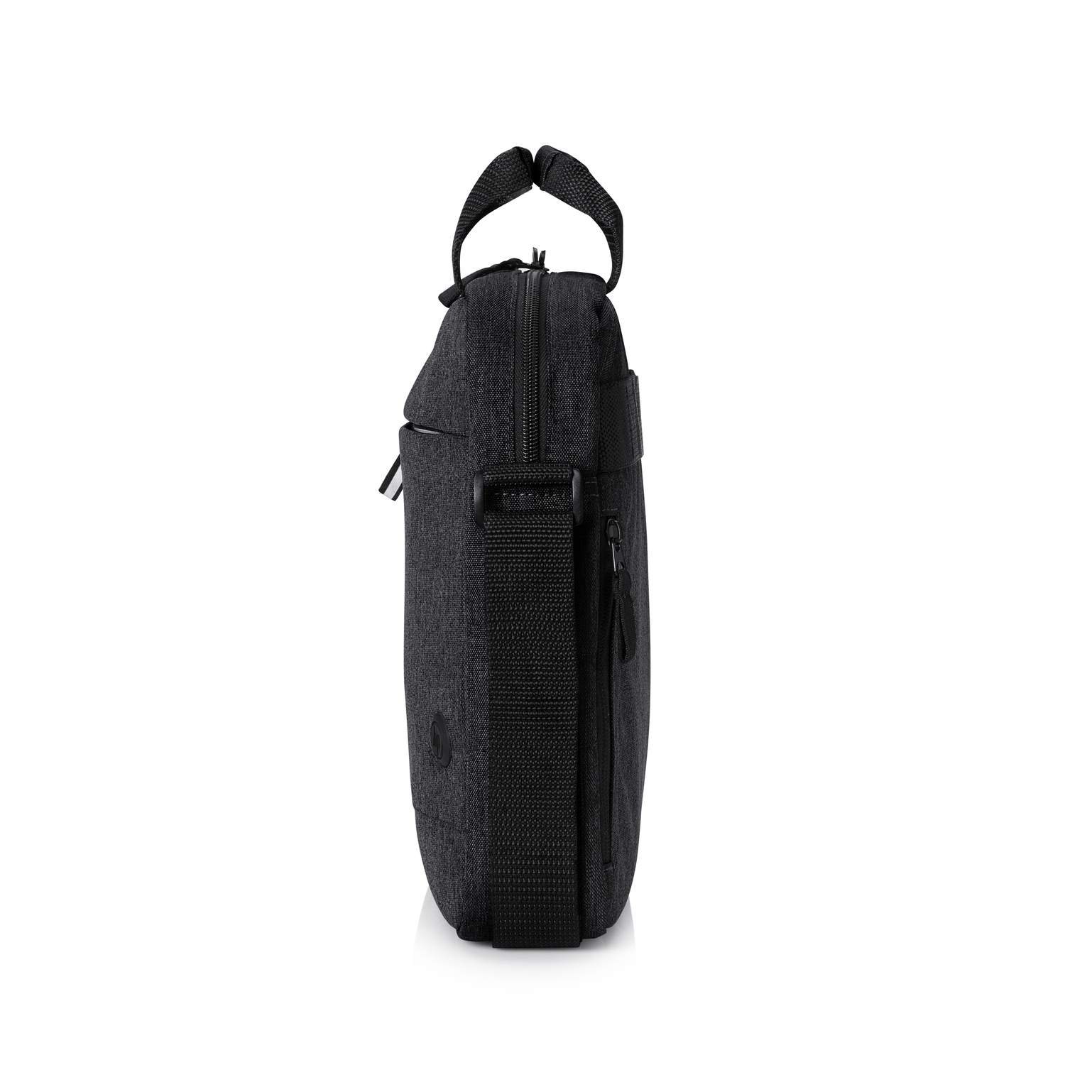 Sacoche d'ordinateur portable noire, vue latérale, avec une sangle et une poignée sur fond blanc.