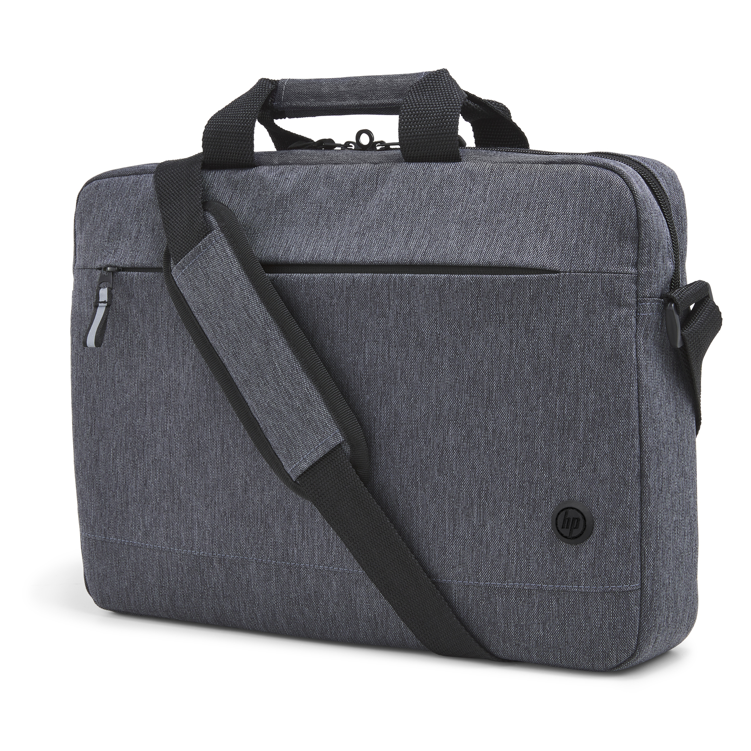 Gray HP laptop bag with a handle and a shoulder strap. A black HP logo is visible on the front.