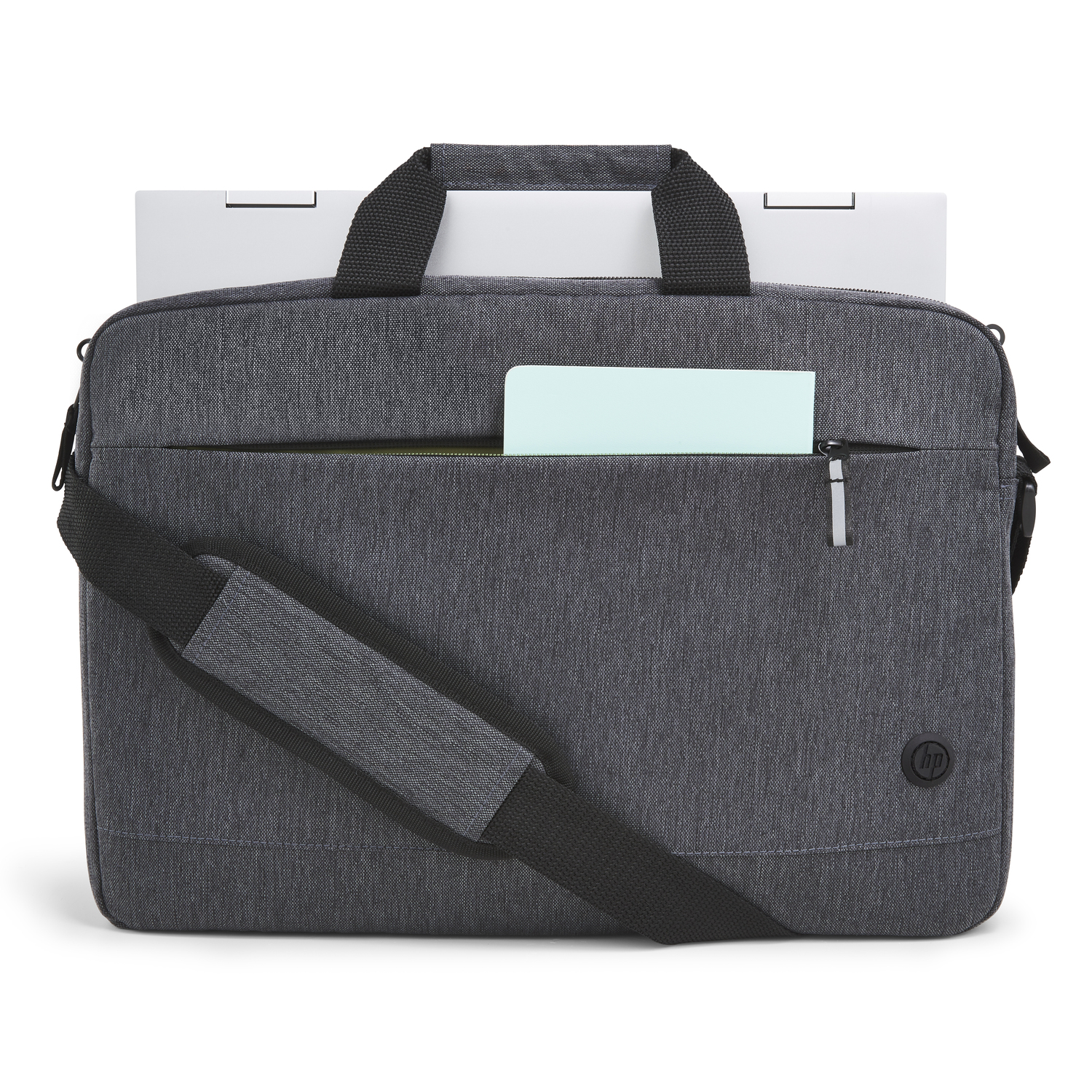 A grey laptop bag with a laptop and notebook in the front pocket, on a white background.