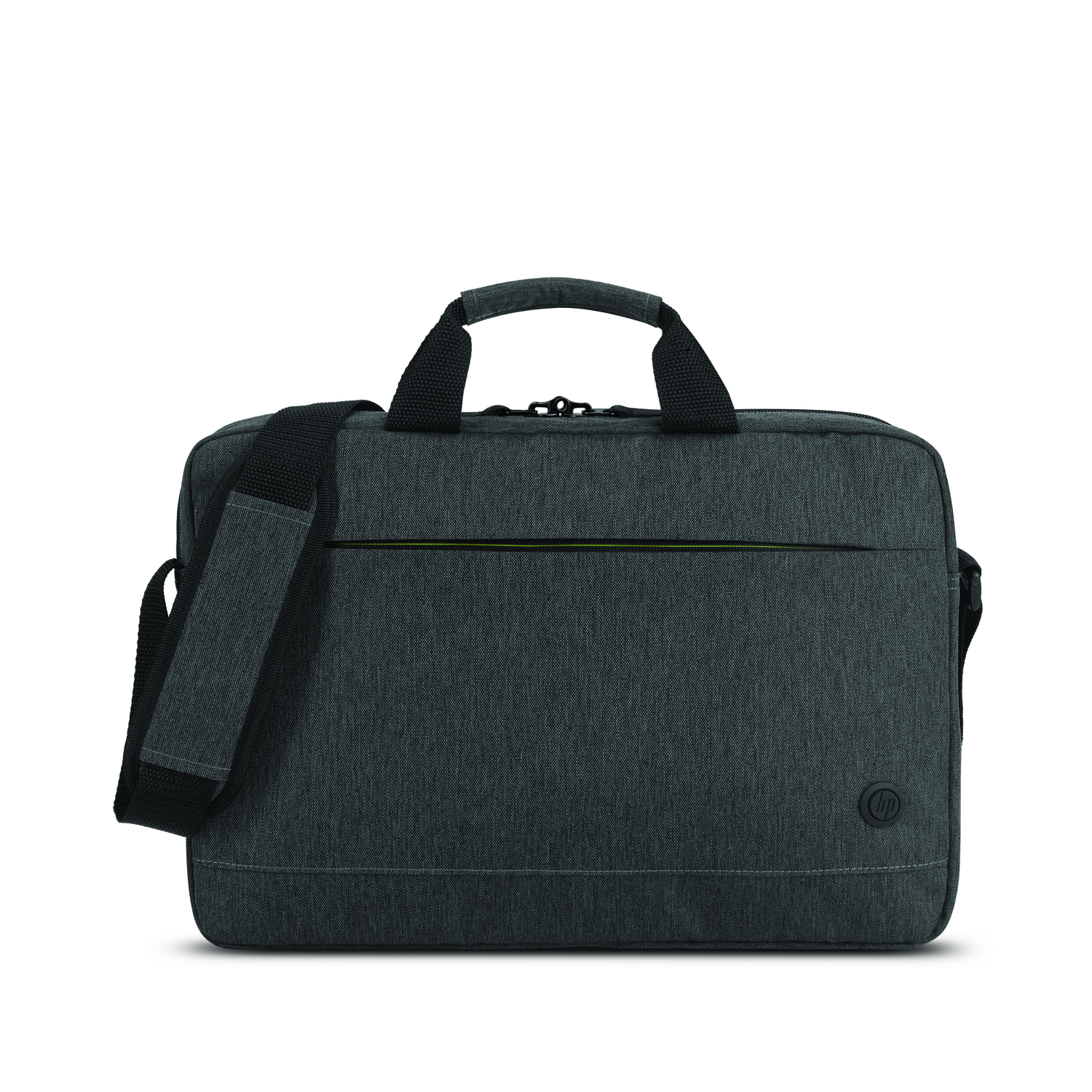 A gray laptop bag with a handle and shoulder strap. It has a zipper and the HP logo.