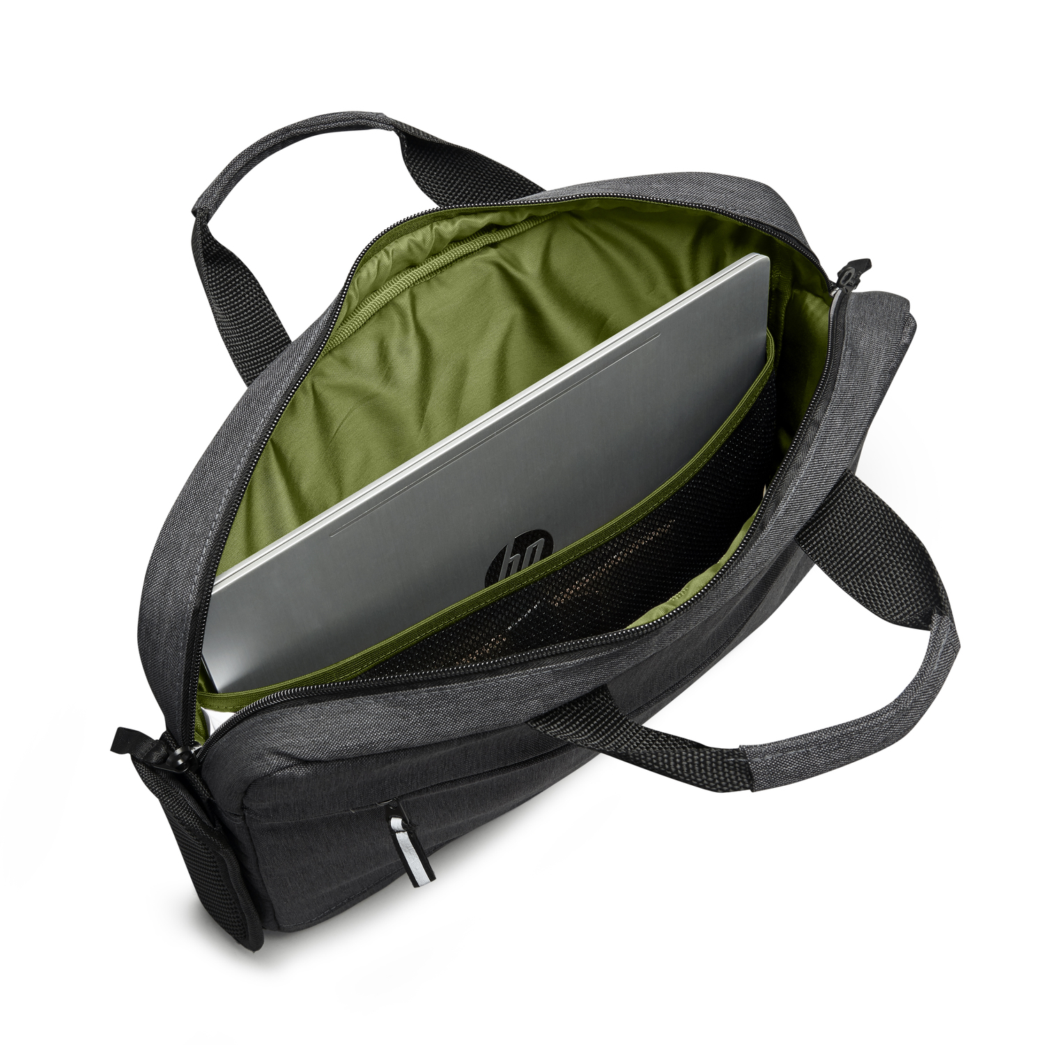 Grey laptop bag open with a laptop inside. Green interior, black handles and zipper.