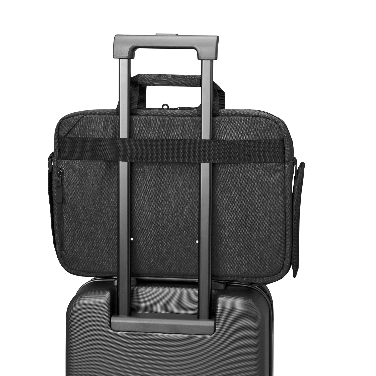 Black laptop bag on top of a suitcase. The bag has a handle and strap to secure it.