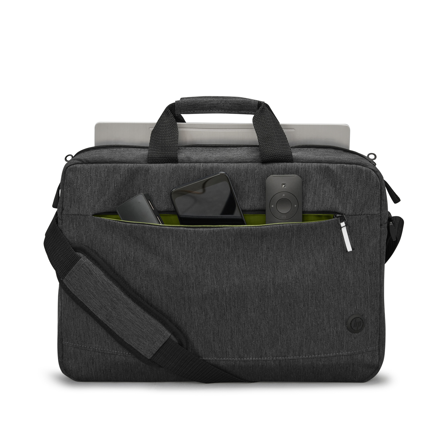 A black laptop bag with a laptop, phone, and other items in the pockets, on a white background.