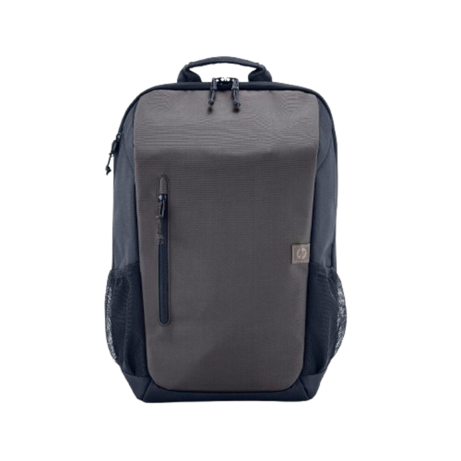 Un sac à dos HP noir et gris. Il a une poche avant zippée et des poches latérales en filet.