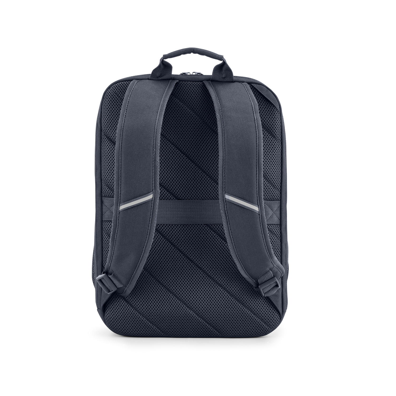 Un sac à dos bleu marine avec des bretelles rembourrées et un panneau dorsal en mesh.