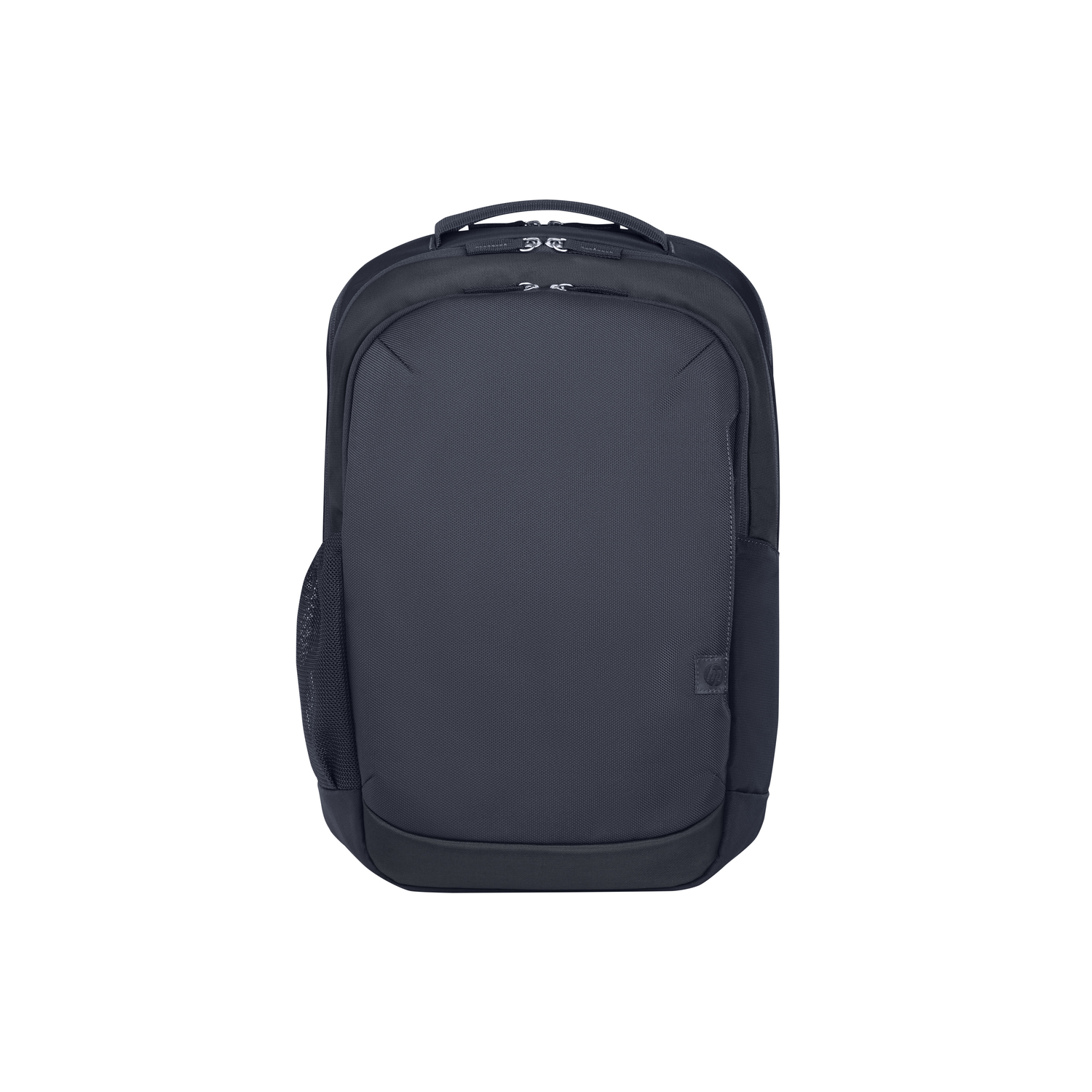 Sac à dos noir avec poche latérale en filet, poche avant et poignée.