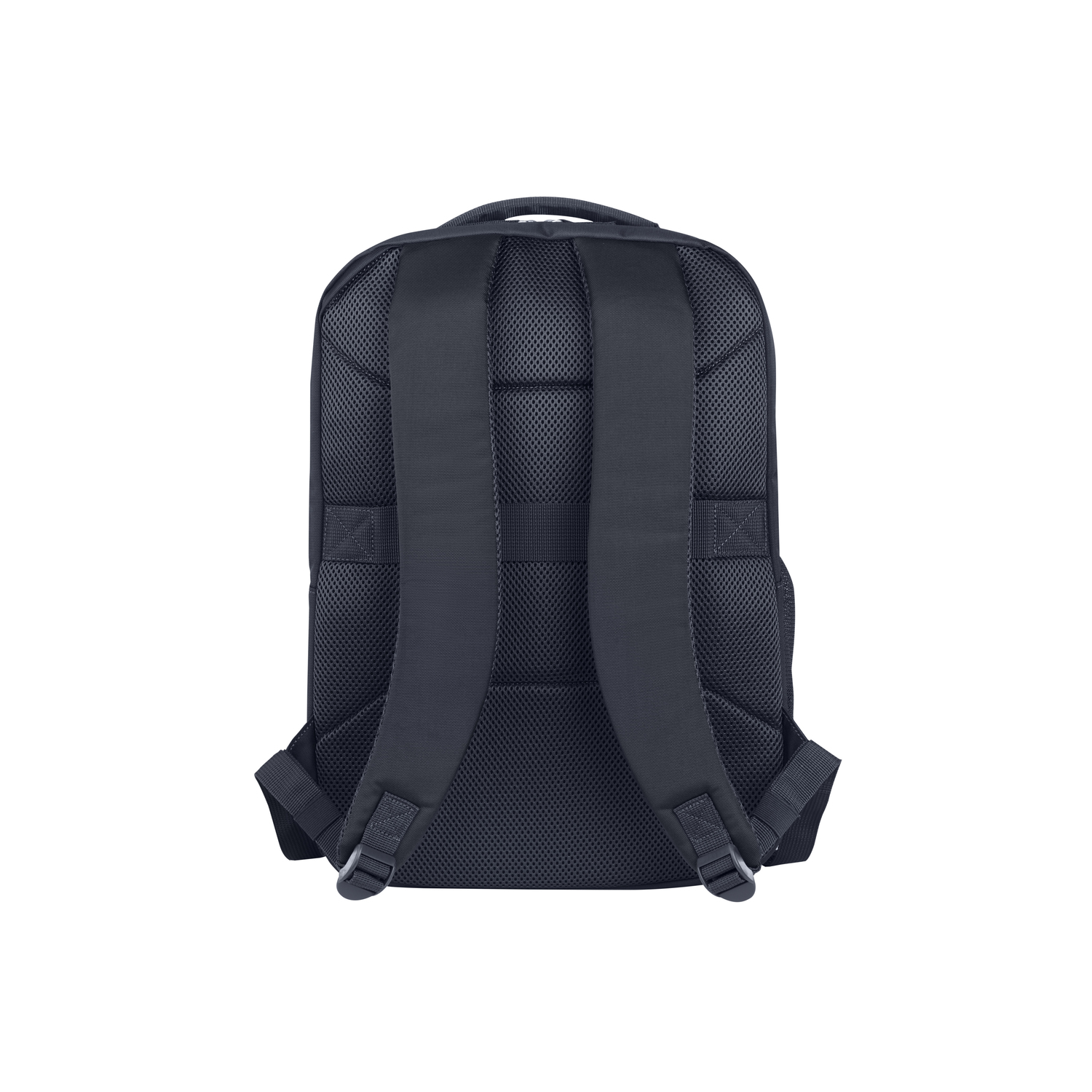 Sac à dos avec un corps noir. Il a deux bretelles, un dos en maille et deux boucles en bas.
