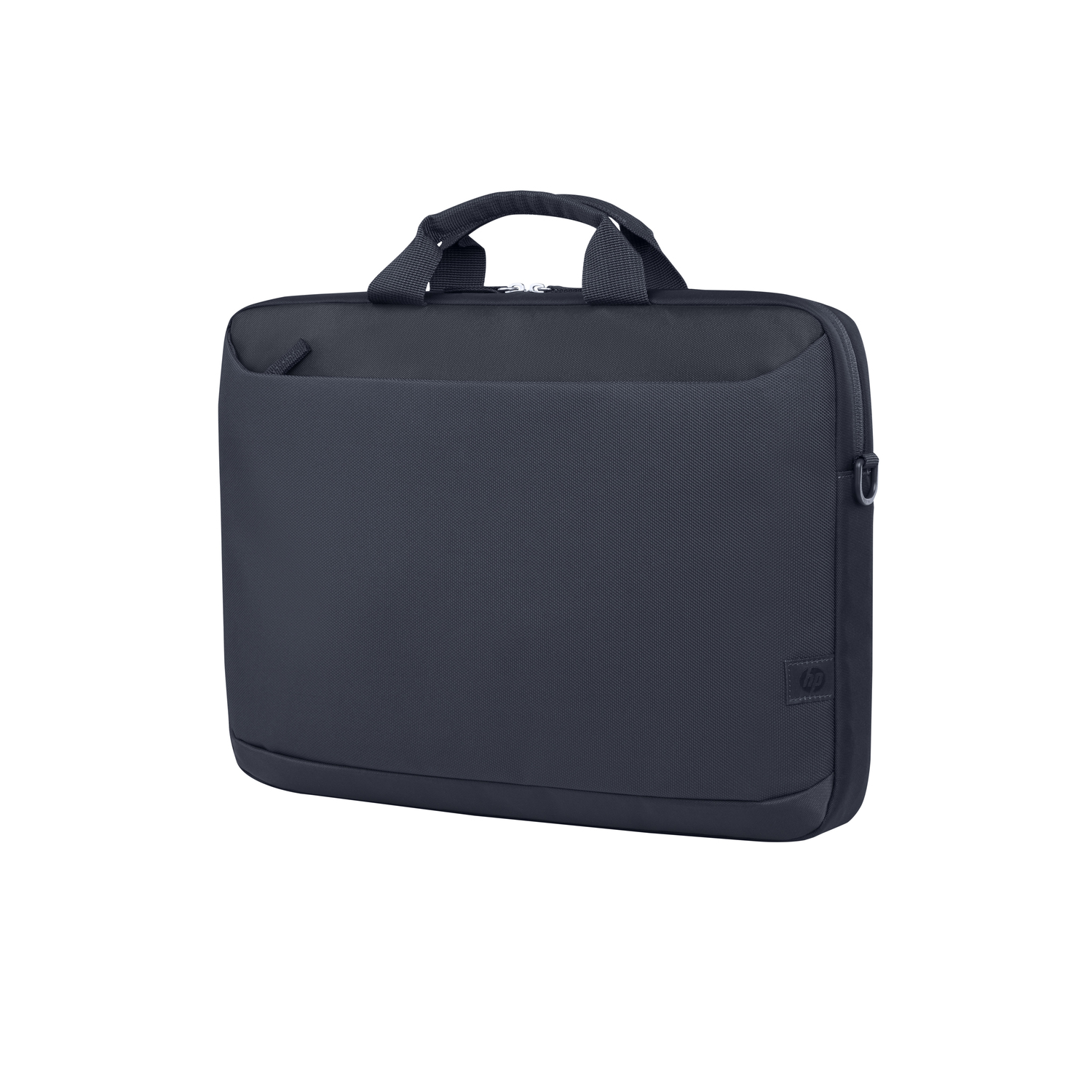 Donkerblauwe HP laptoptas, met handvat en rits, op een witte achtergrond.