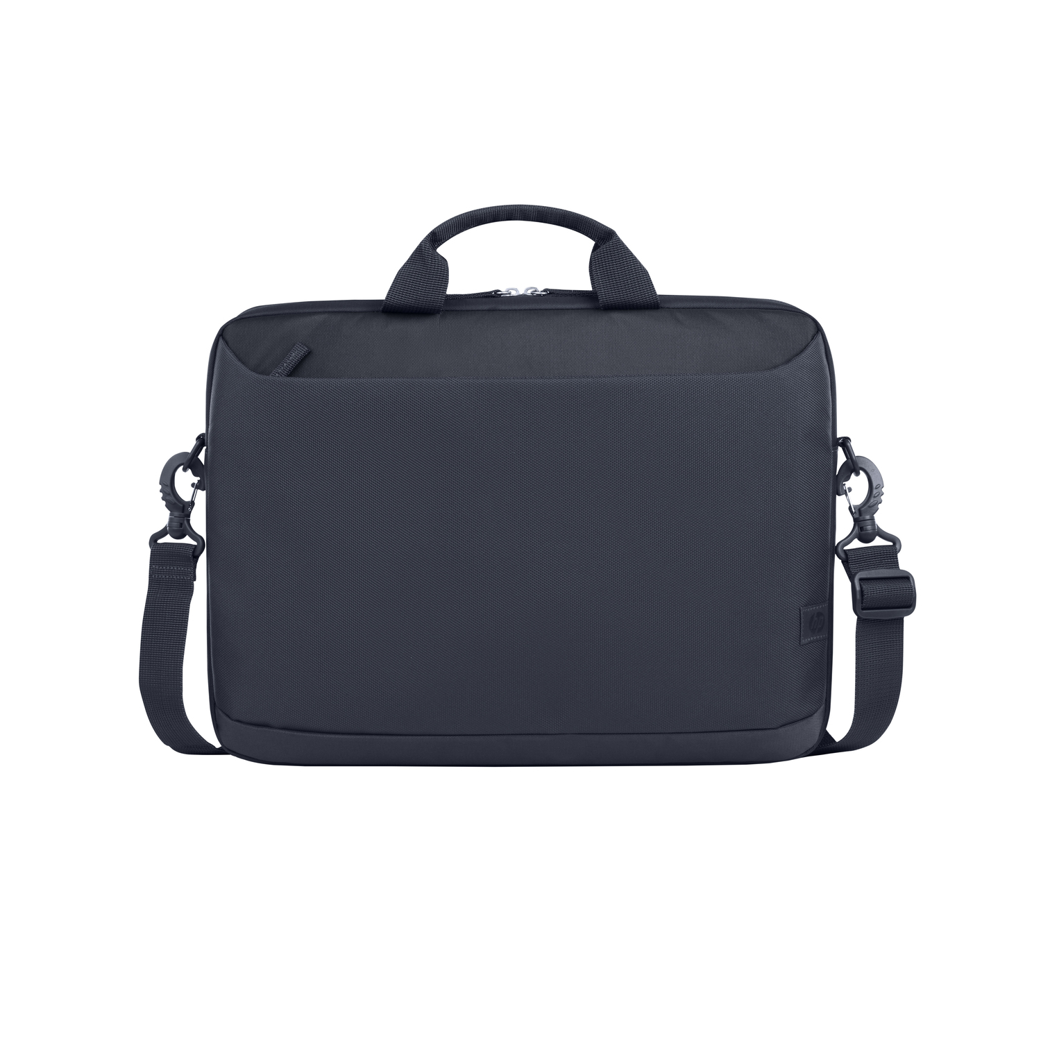 Donkerblauwe laptoptas met handvat en schouderriem op witte achtergrond.