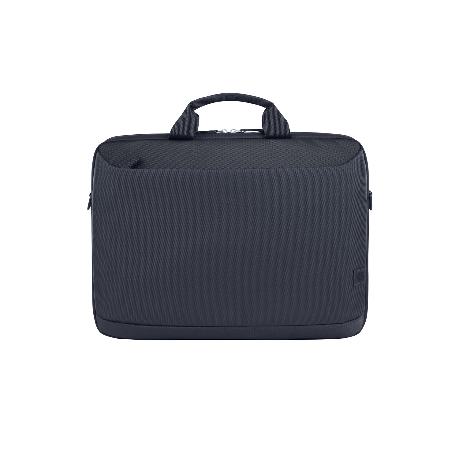 Donkerblauwe laptoptas met handvat en voorvak, op een witte achtergrond.
