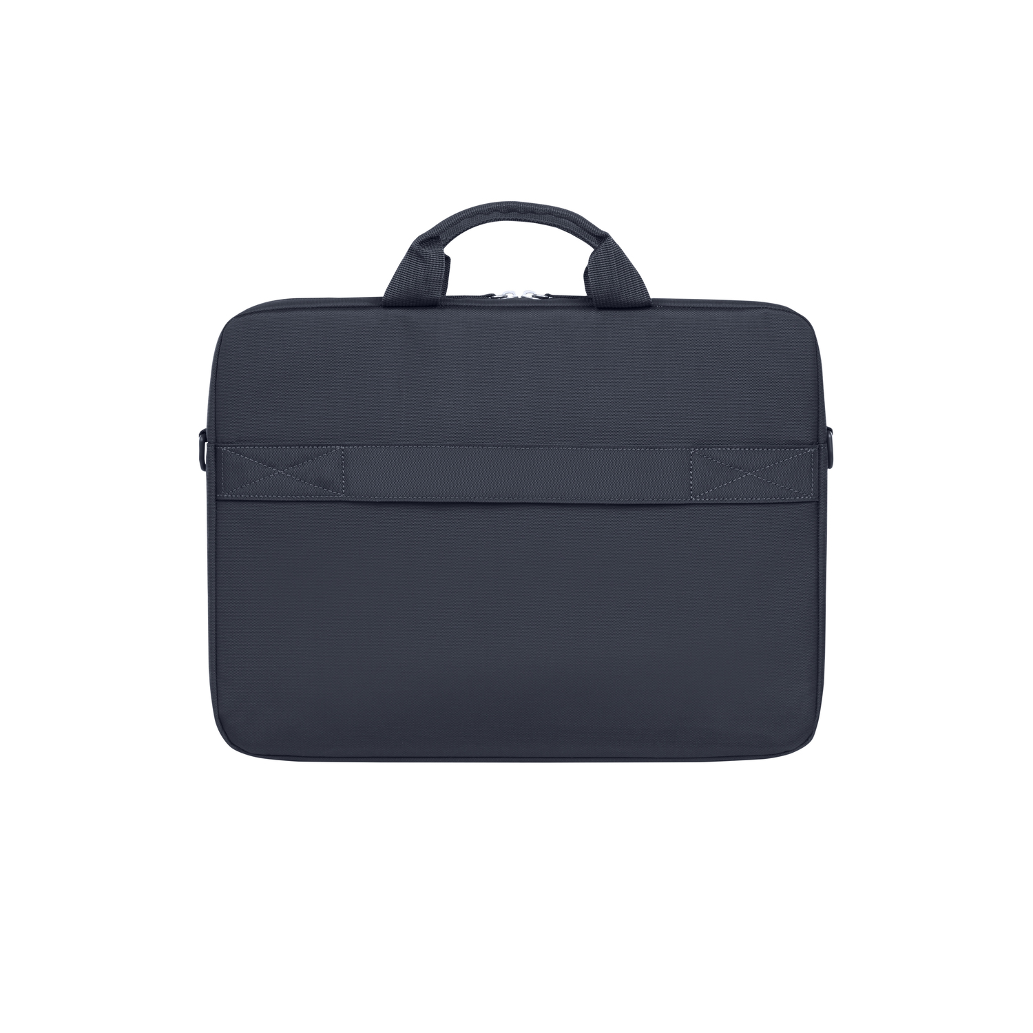 Een donkerblauwe laptoptas met een handvat en een riem, effen design, witte achtergrond.