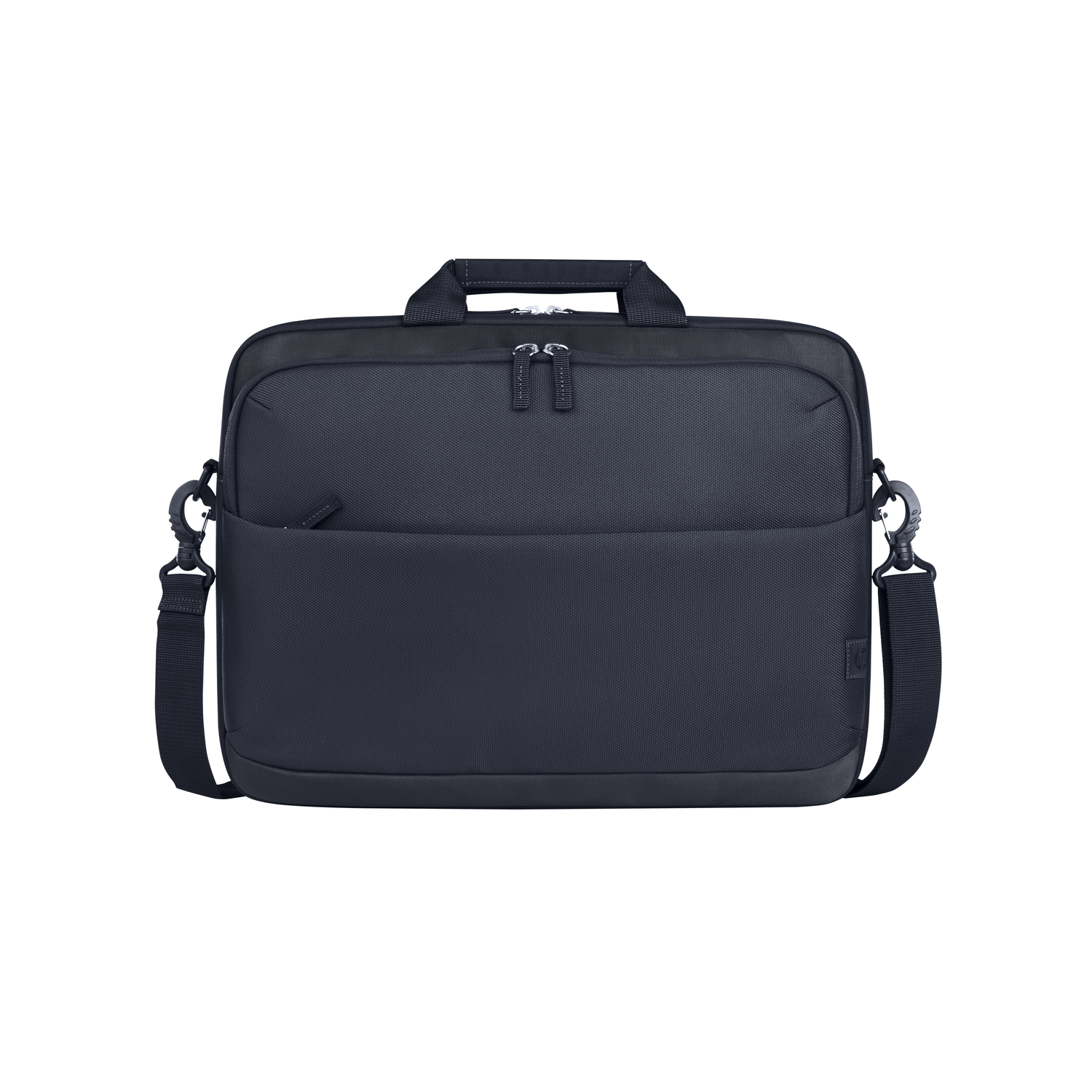Zwarte laptoptas met handvatten en een schouderriem. De tas staat op een witte achtergrond.