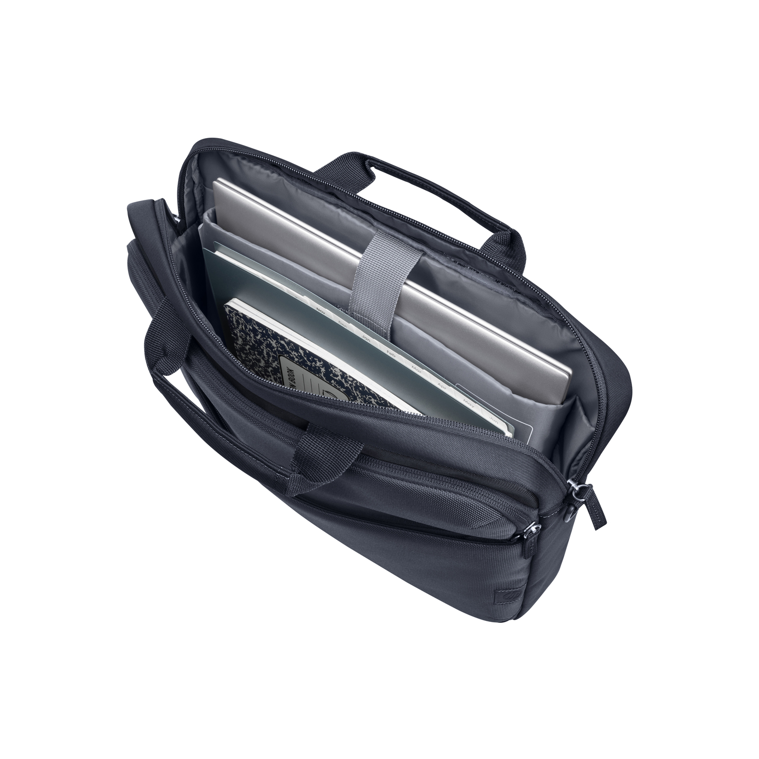 Open zwarte laptoptas gevuld met laptops, notitieboeken en een grijze riem.