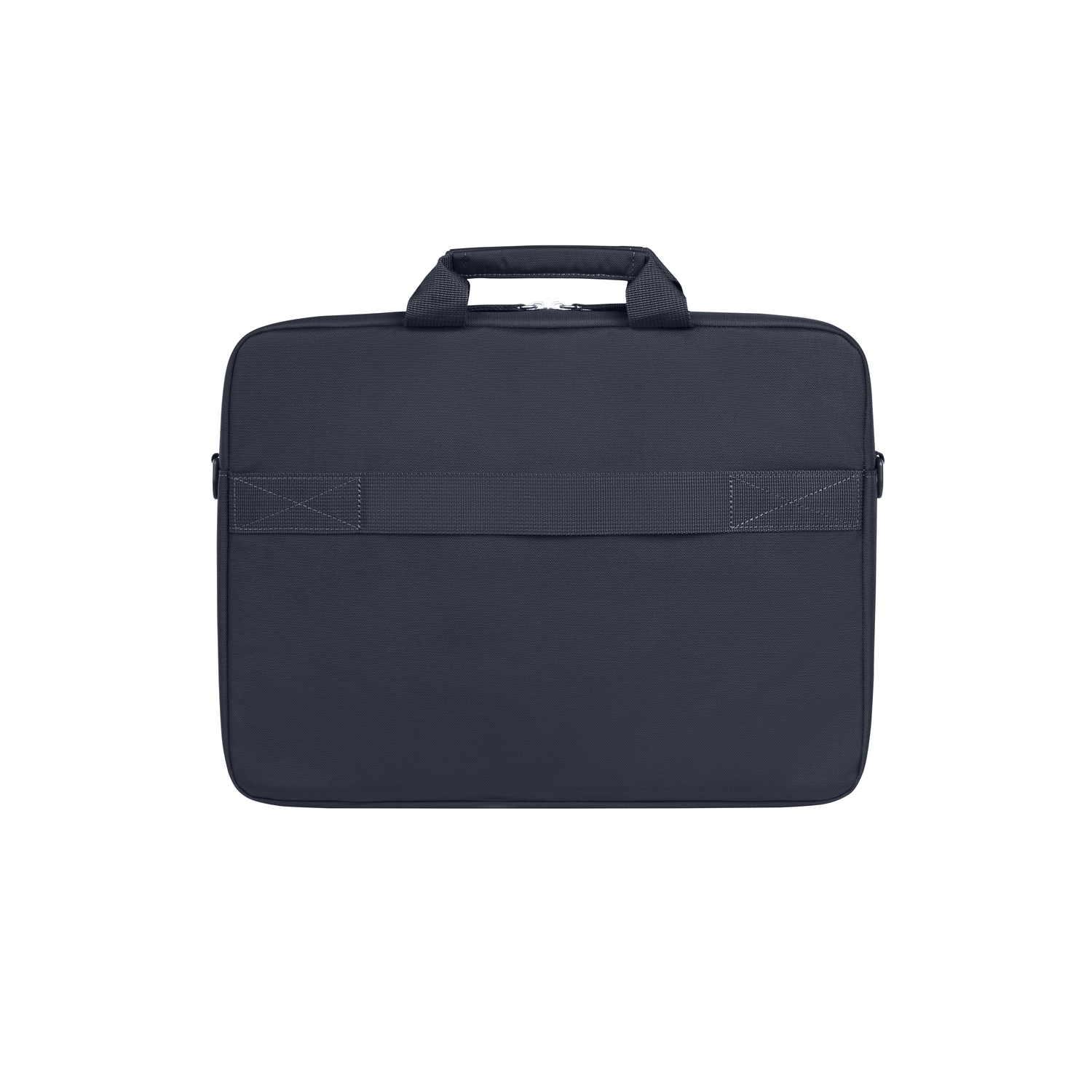 Donkerblauwe laptoptas met handvat en riem. Witte achtergrond.
