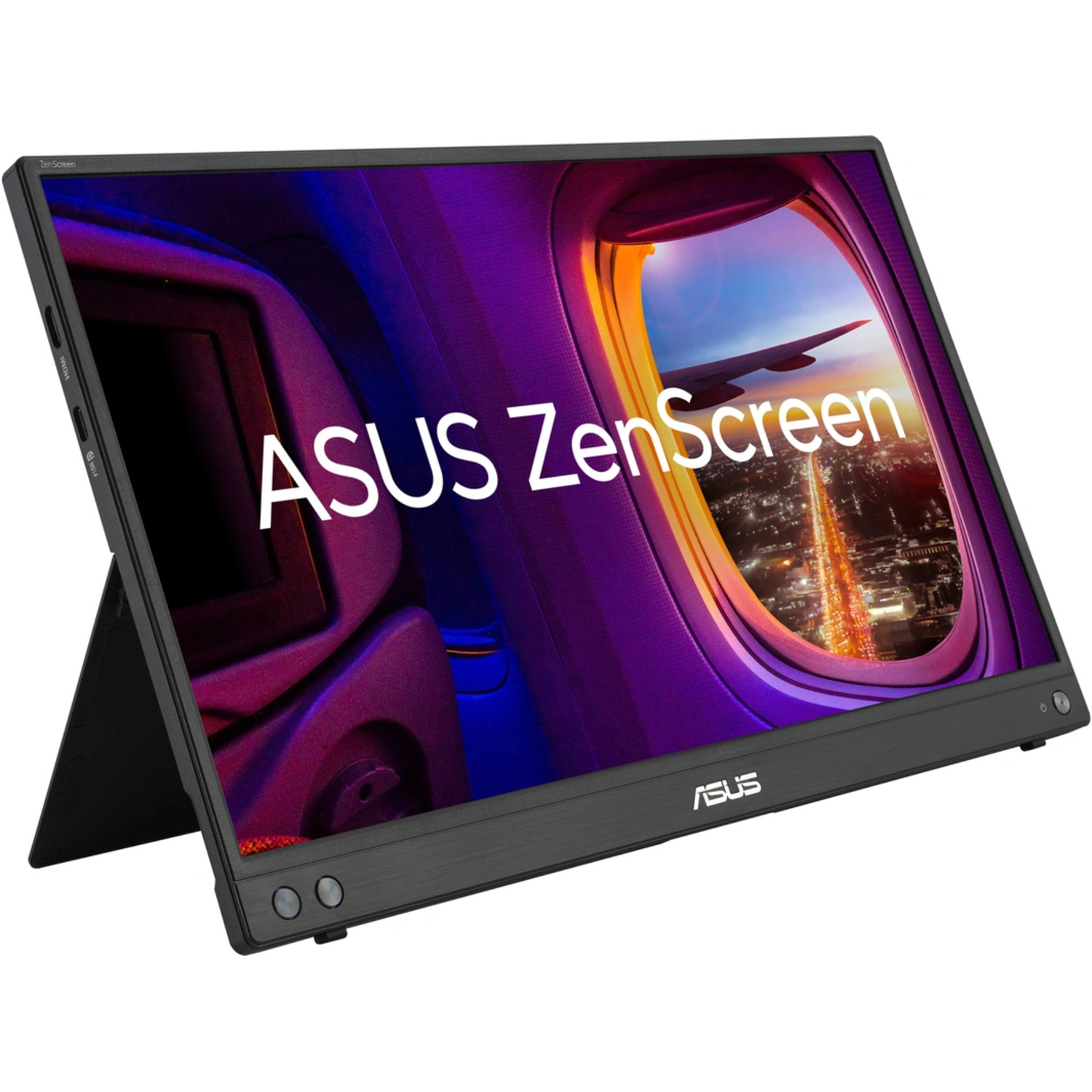 Een ASUS ZenScreen-monitor, open en schuin. Toont een stadsgezicht door een vliegtuigraam.