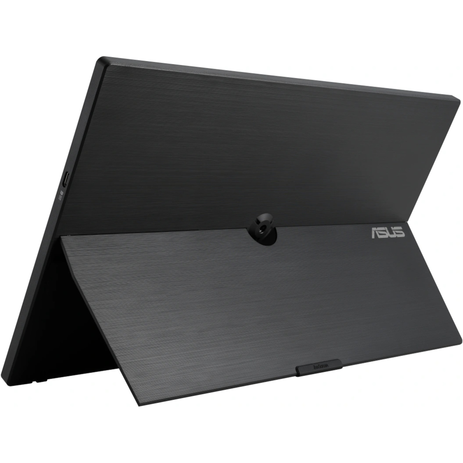 Zwarte tablet met een standaard. Het staat schuin en toont de achterkant, met het ASUS-logo.