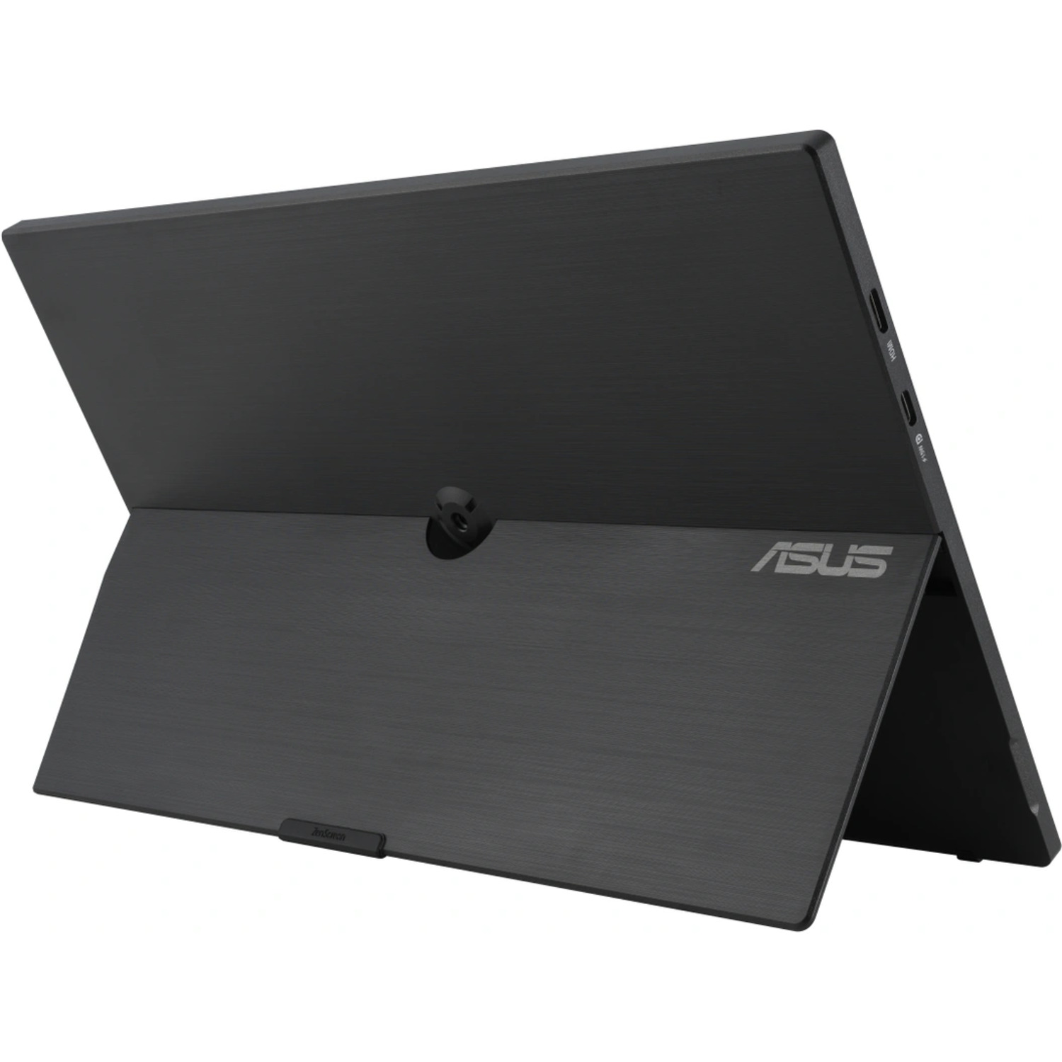 Zwarte tablet met standaard, schuine weergave, ASUS-logo zichtbaar. Witte achtergrond.