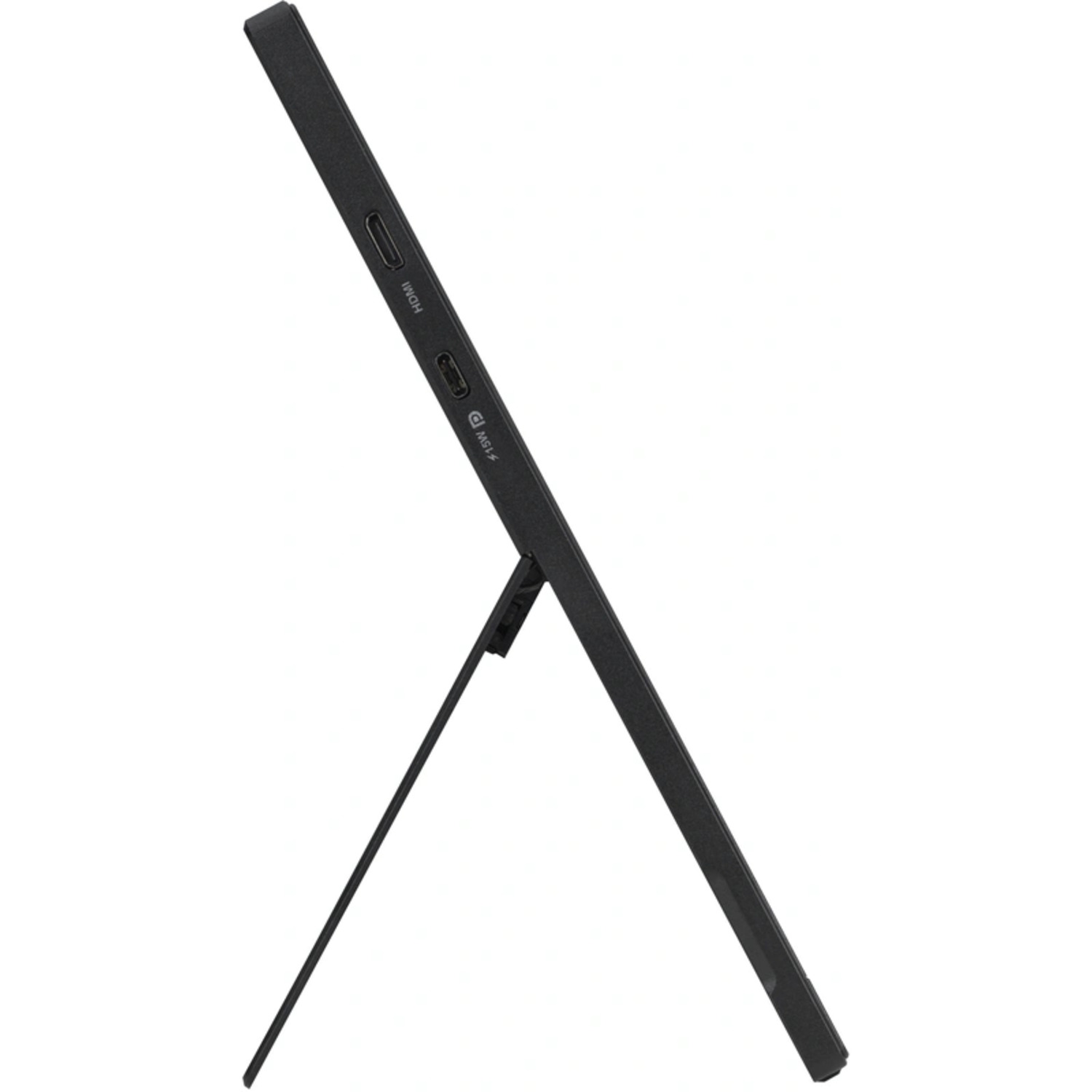 Zwarte tablet met een standaard op een witte achtergrond. Zichtbare poorten zijn HDMI en USB-C.