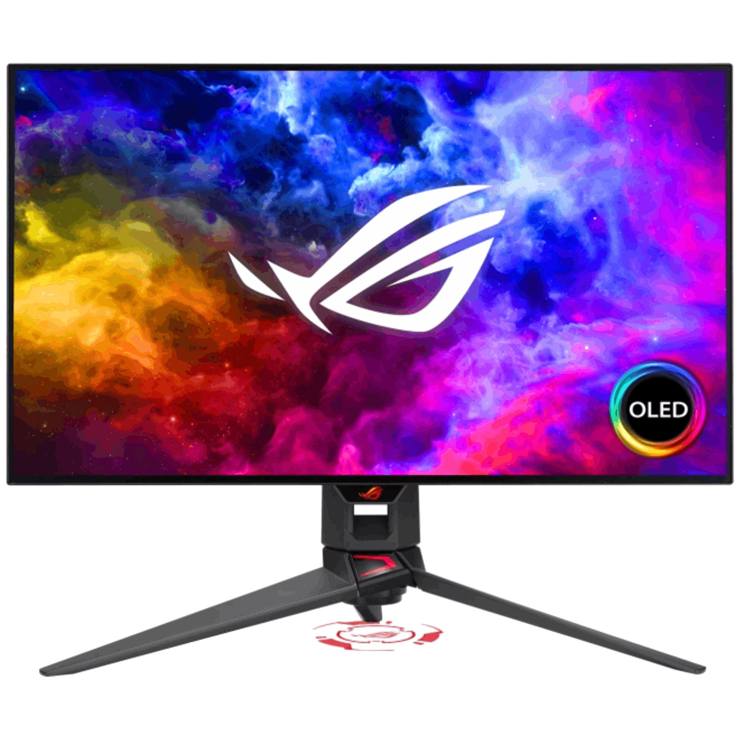 Un moniteur de jeu avec un fond de nébuleuse colorée et un support noir.