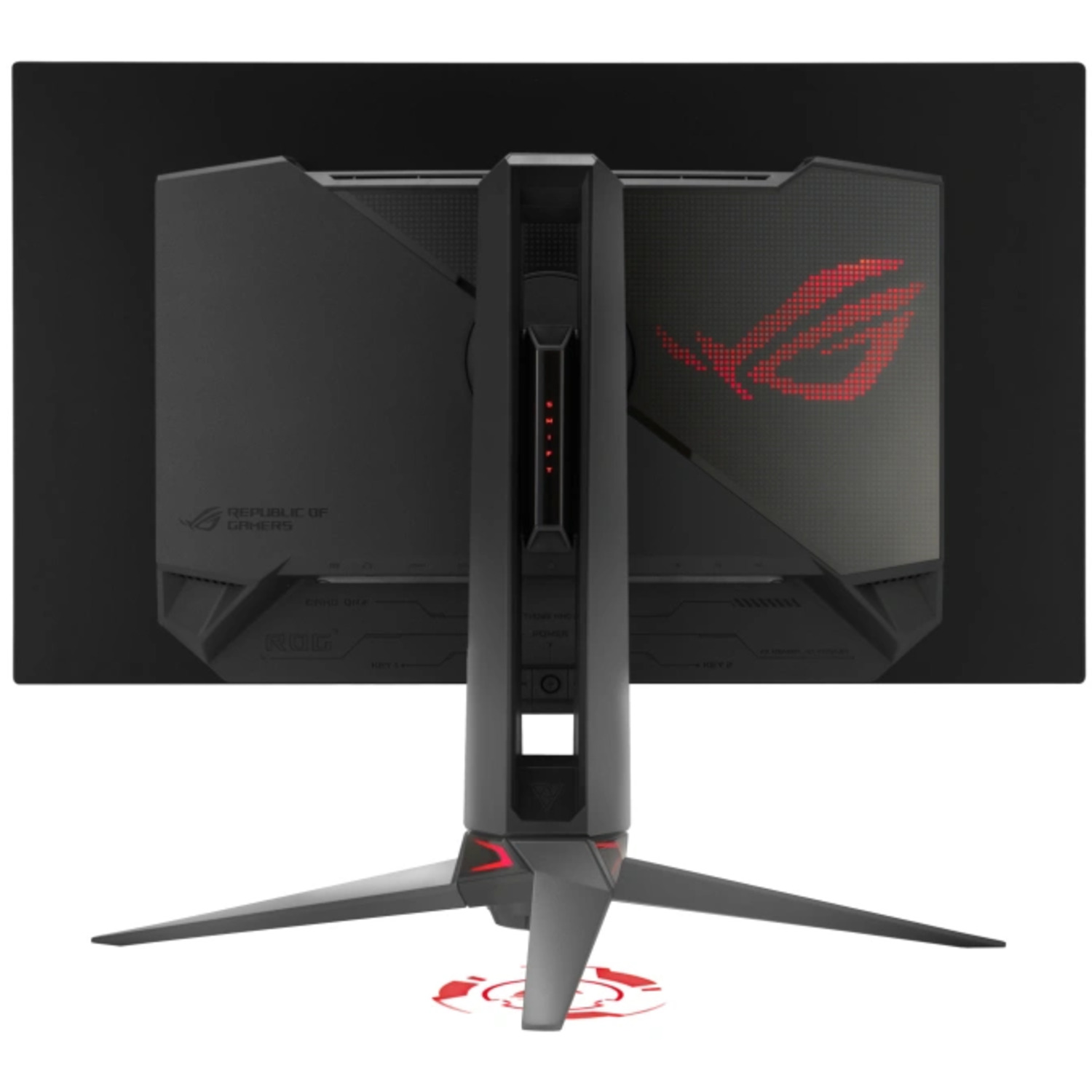 Arrière d'un moniteur de jeu noir avec support. Logo ROG rouge.