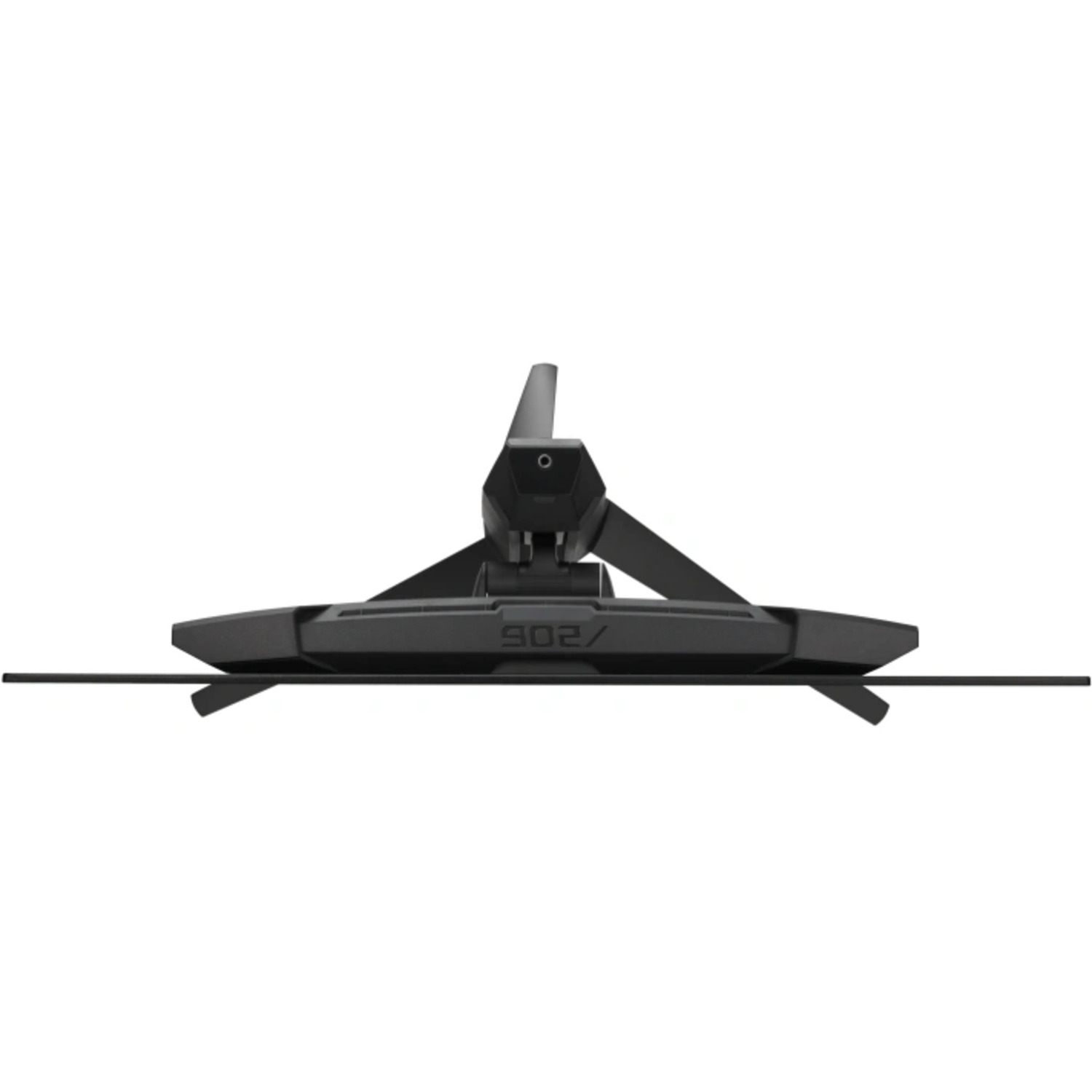 Vue de dessus d'un support de moniteur noir avec un design en forme de V.