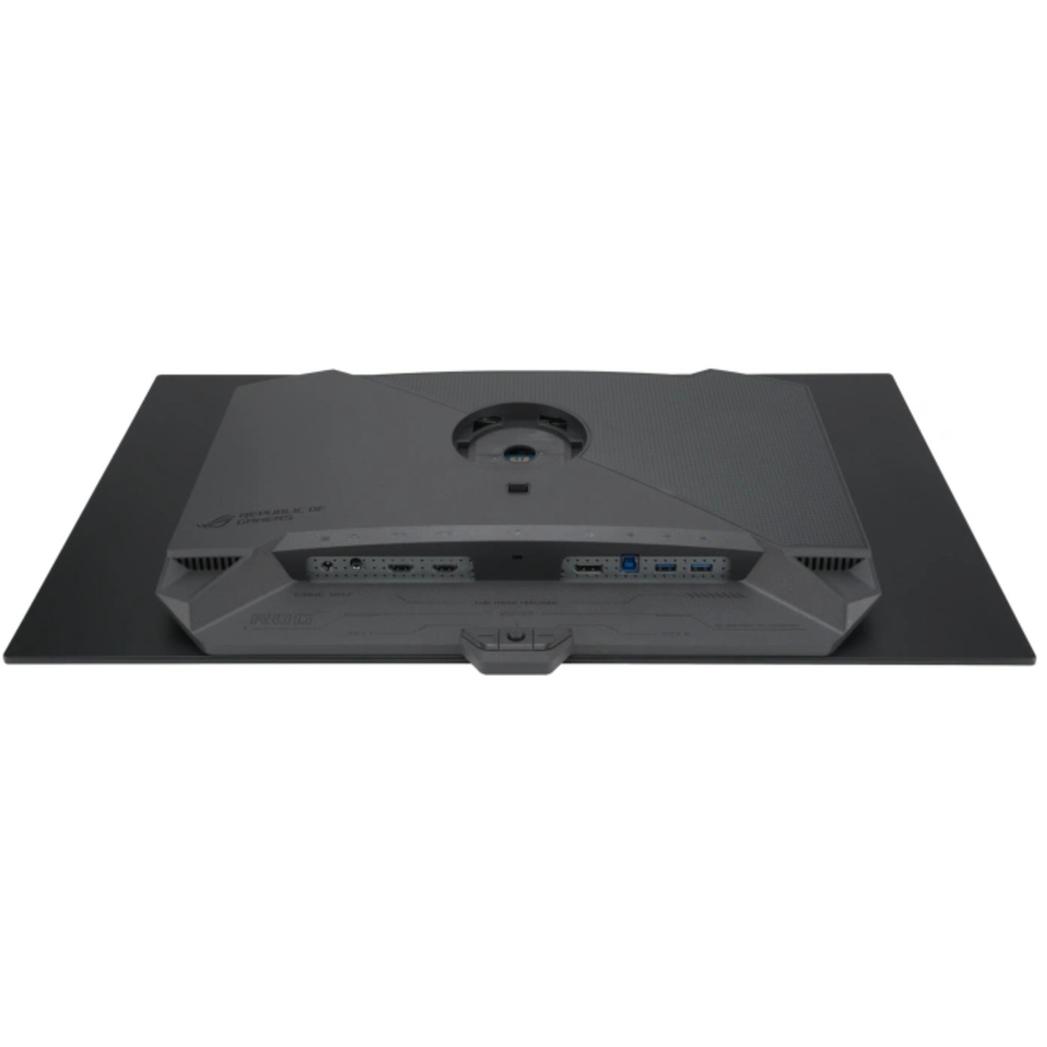 Moniteur de jeu gris, vue arrière, sur une surface noire. Avec ports et support.