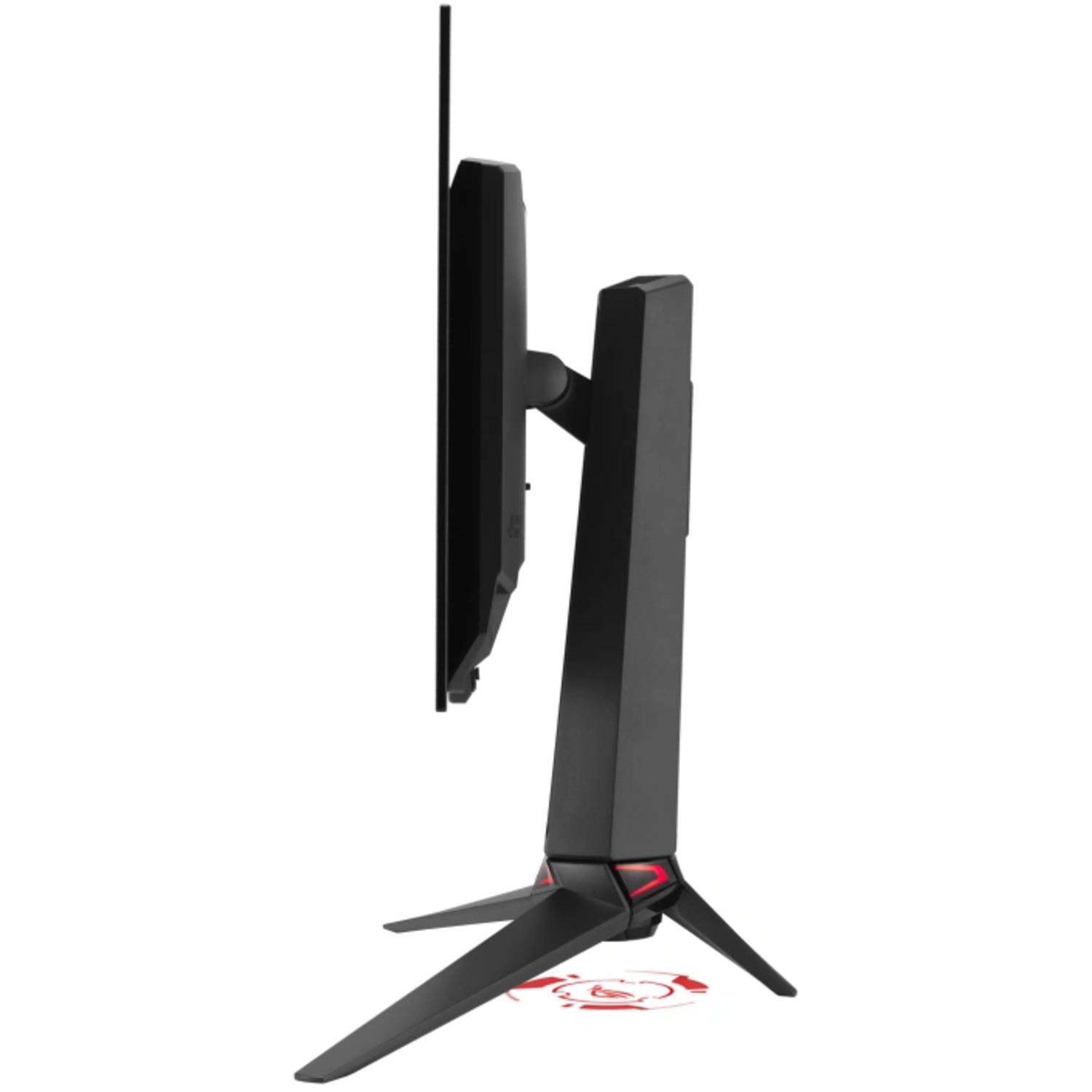 Vue latérale d'un moniteur noir avec une base et un support rouges sur fond blanc.