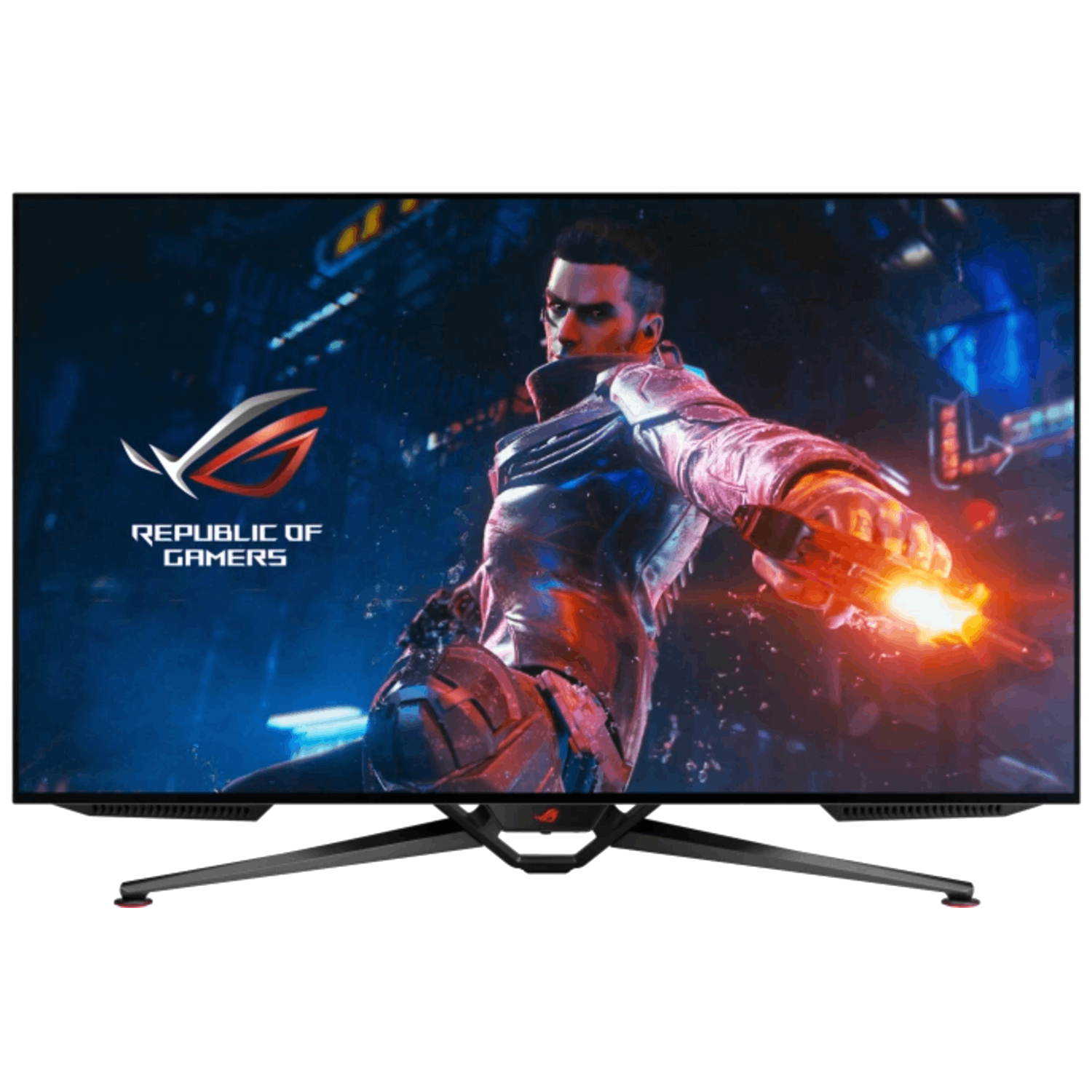Een gaming monitor toont een game scène. De monitor heeft rode en zwarte accenten.