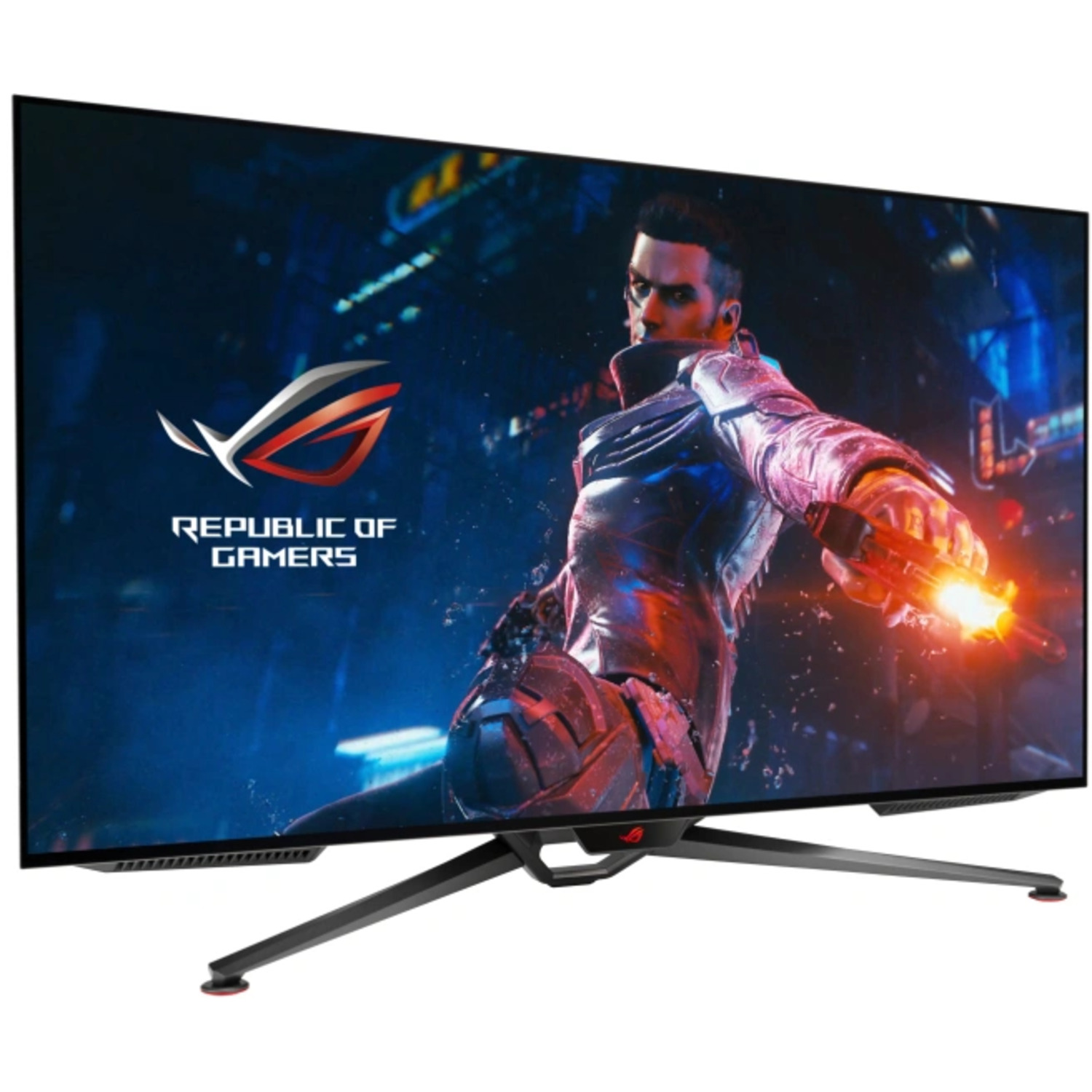 Gaming monitor met een man met een pistool. ROG-logo op het scherm. Zwarte basis met rode accenten.