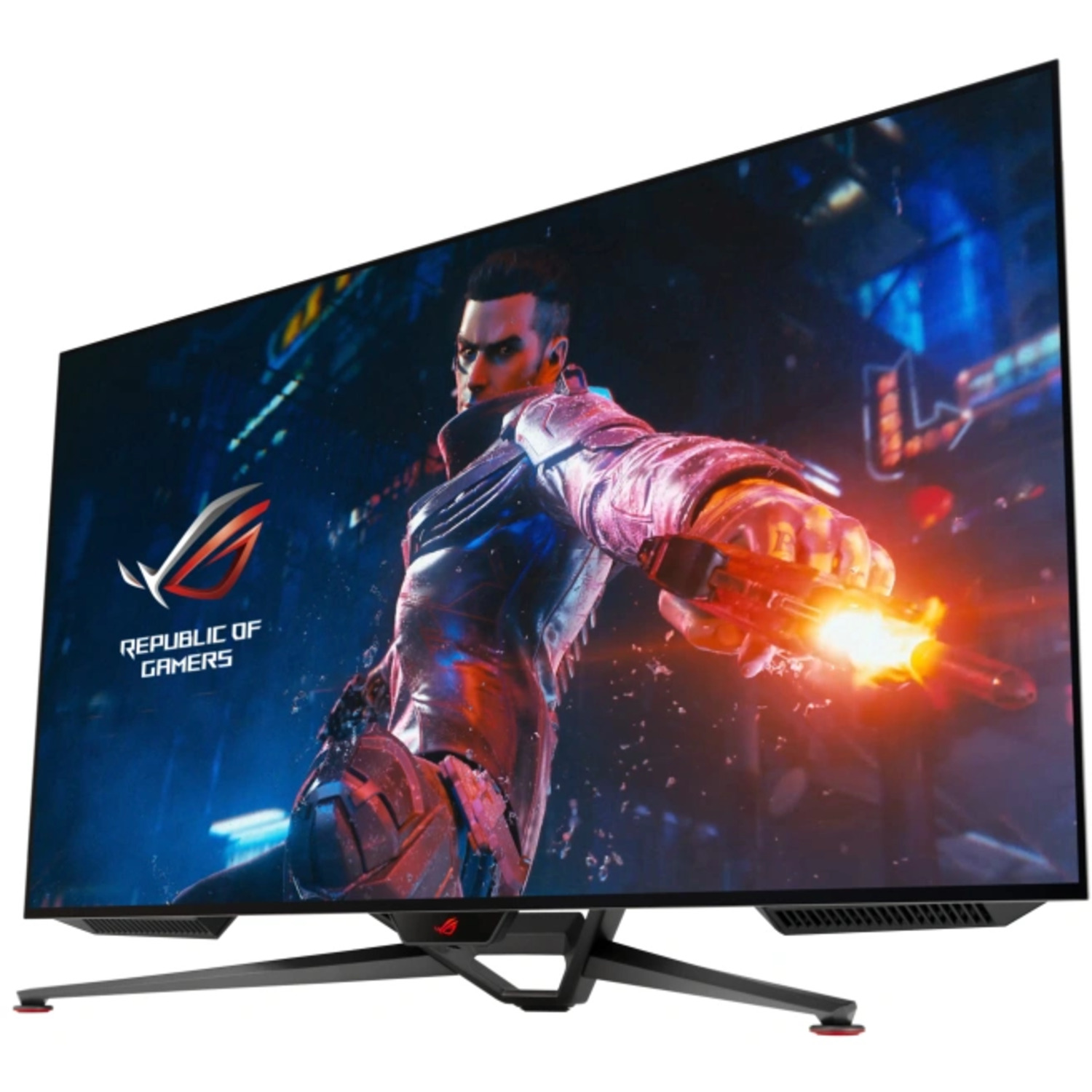 Grote gaming monitor die een game scene weergeeft.