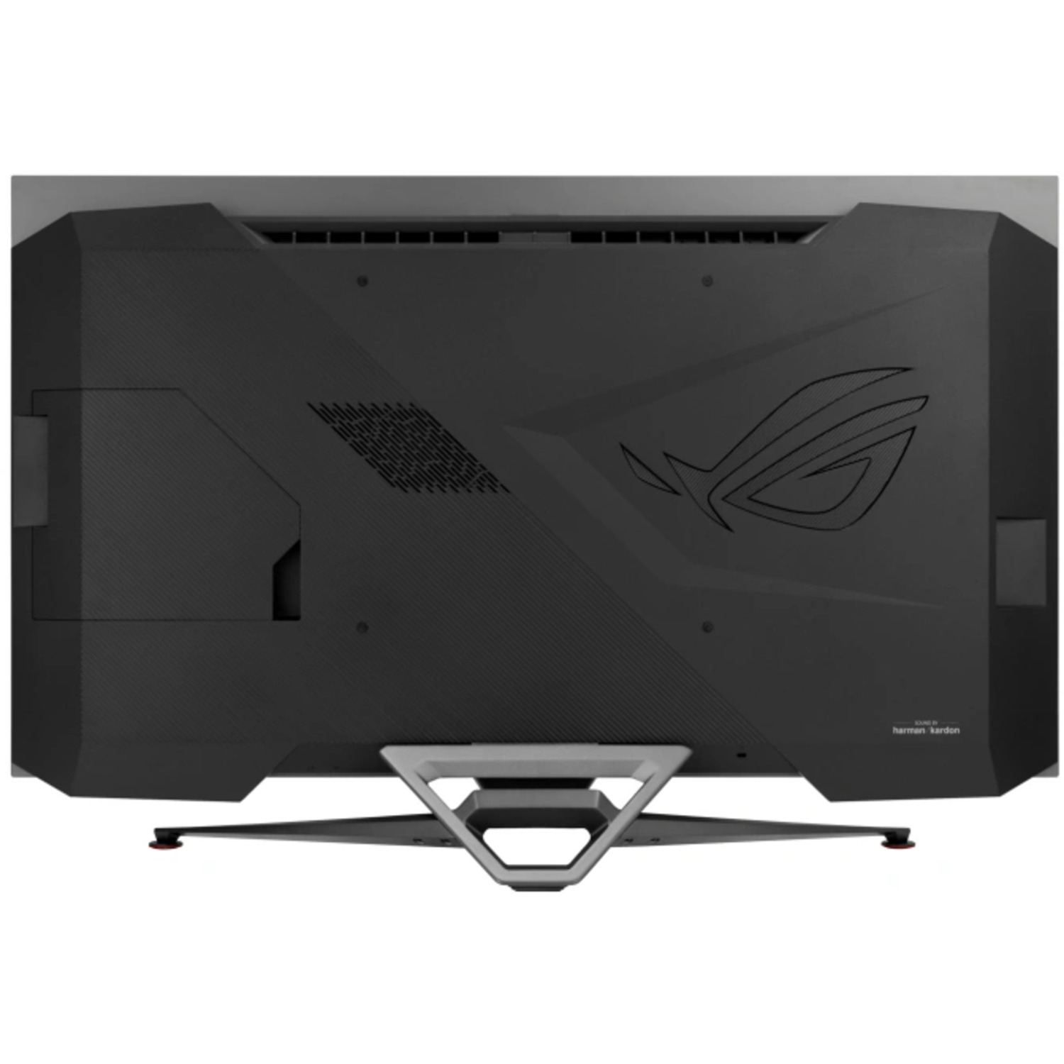 Zwarte monitor met standaard. De achterkant van de monitor heeft een logo.