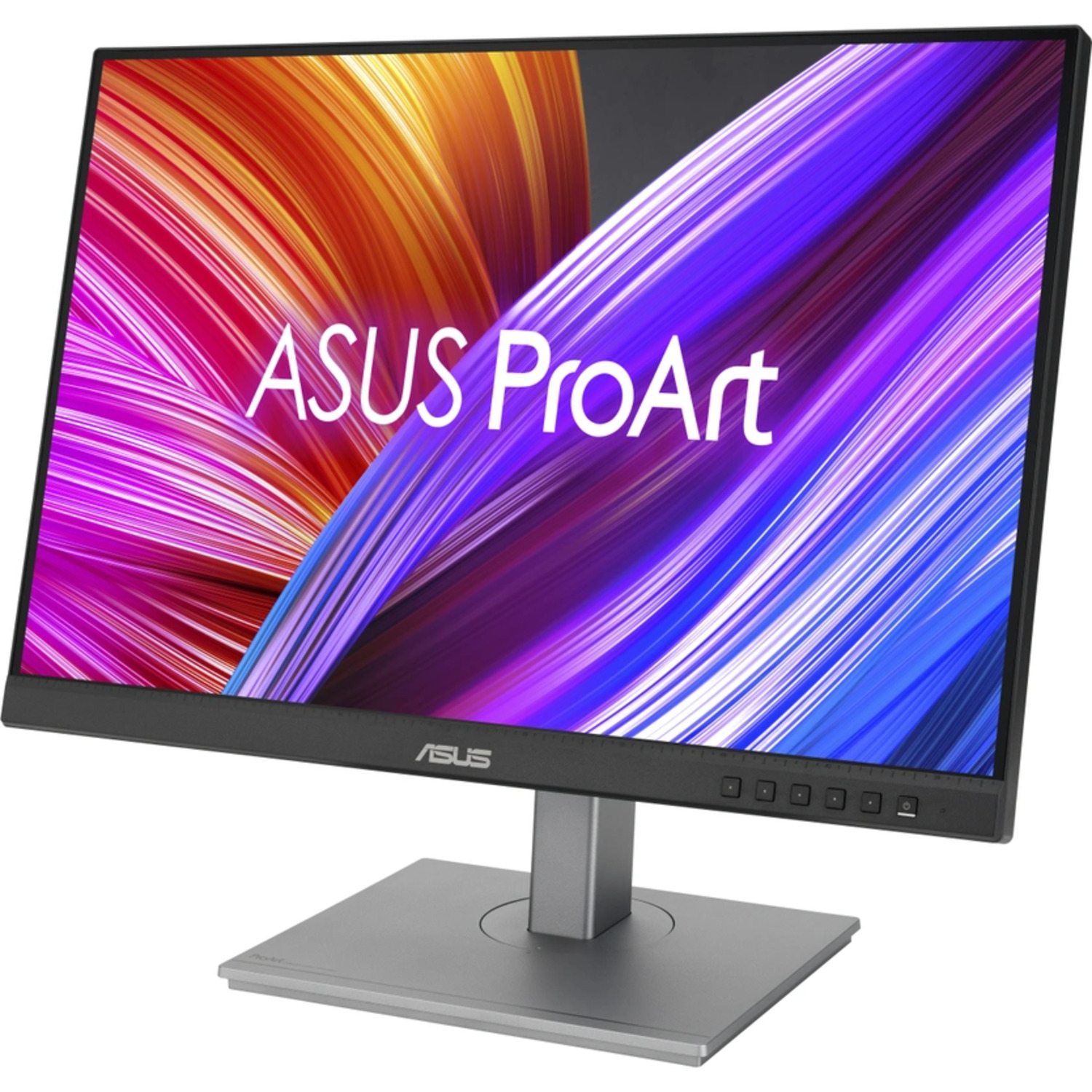 Un moniteur ASUS ProArt affiche une image abstraite colorée. Le moniteur est sur un support argenté.