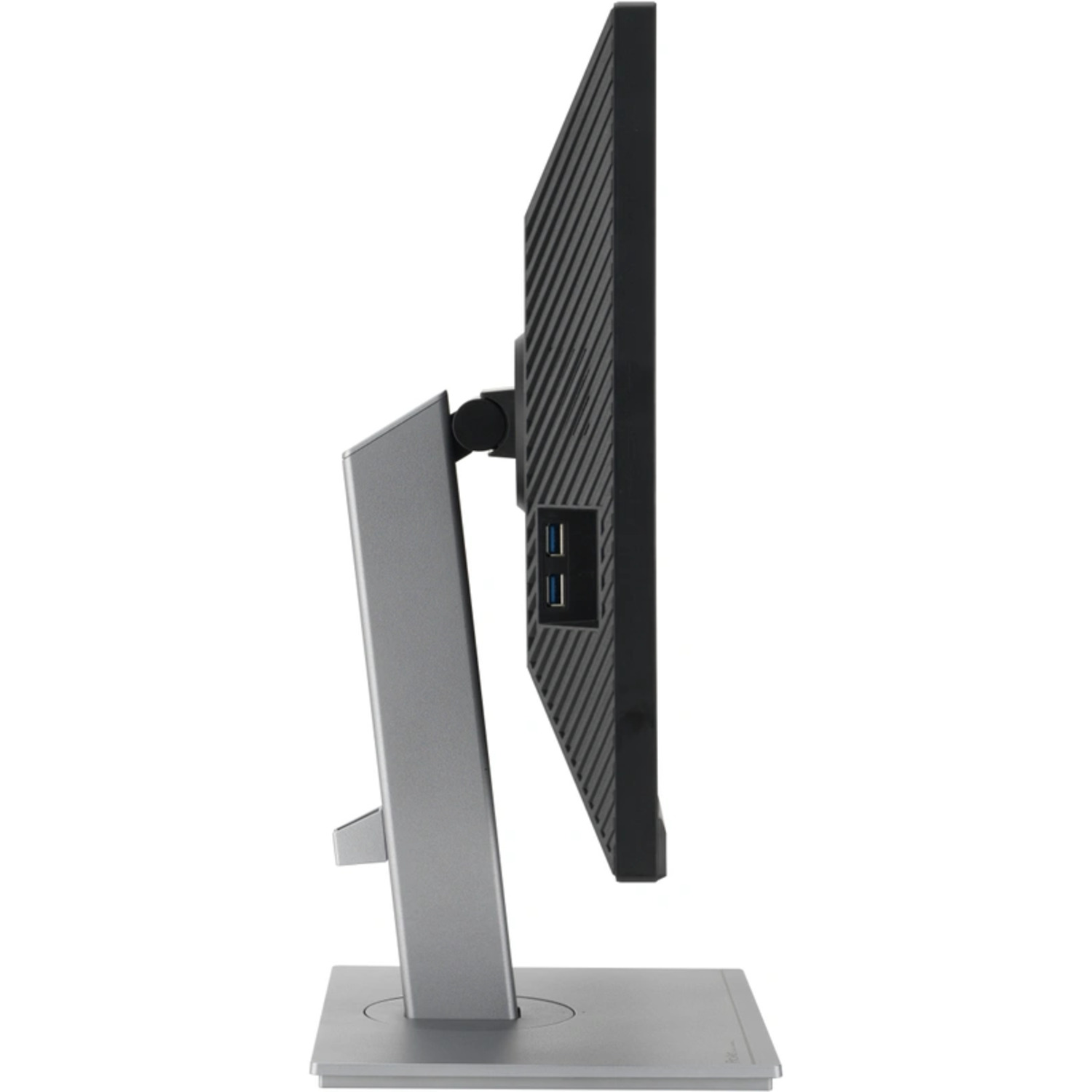 Vue latérale d'un moniteur. Le moniteur a un écran noir et un support argenté.