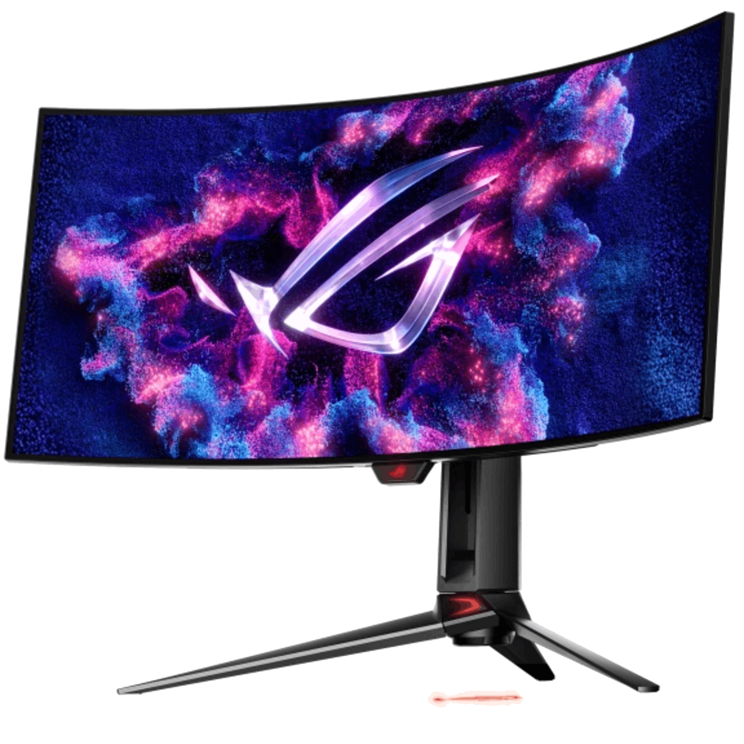 Écran de jeu incurvé avec support et fond abstrait lumineux. Le logo ROG est visible.