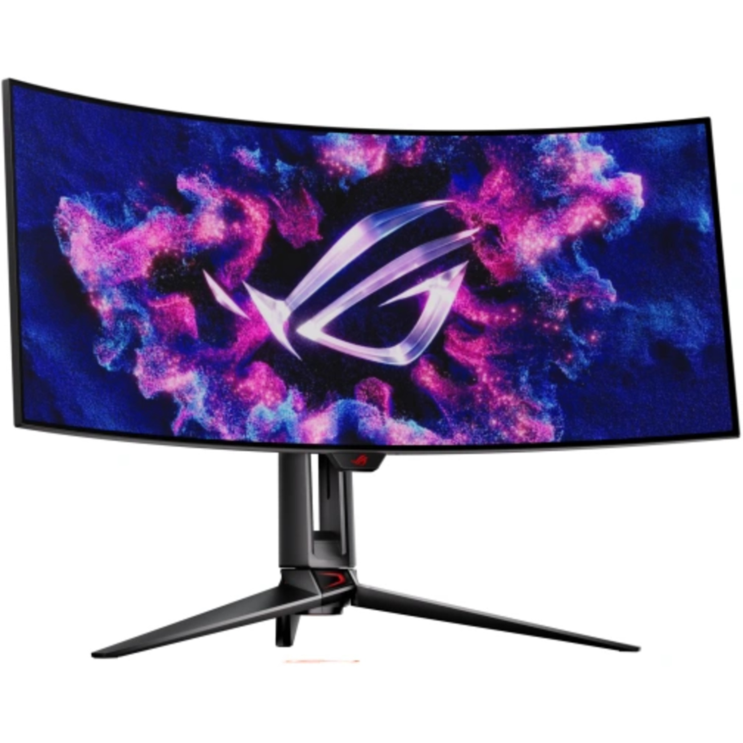 Moniteur incurvé affichant des graphiques abstraits colorés sur un support.