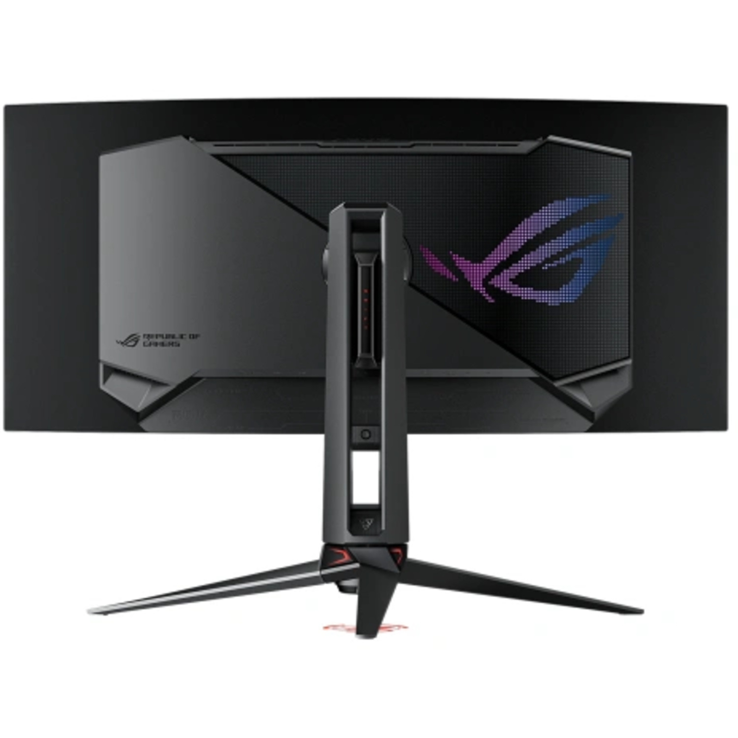 Vue arrière d'un moniteur d'ordinateur noir avec support. Il y a un logo au centre.