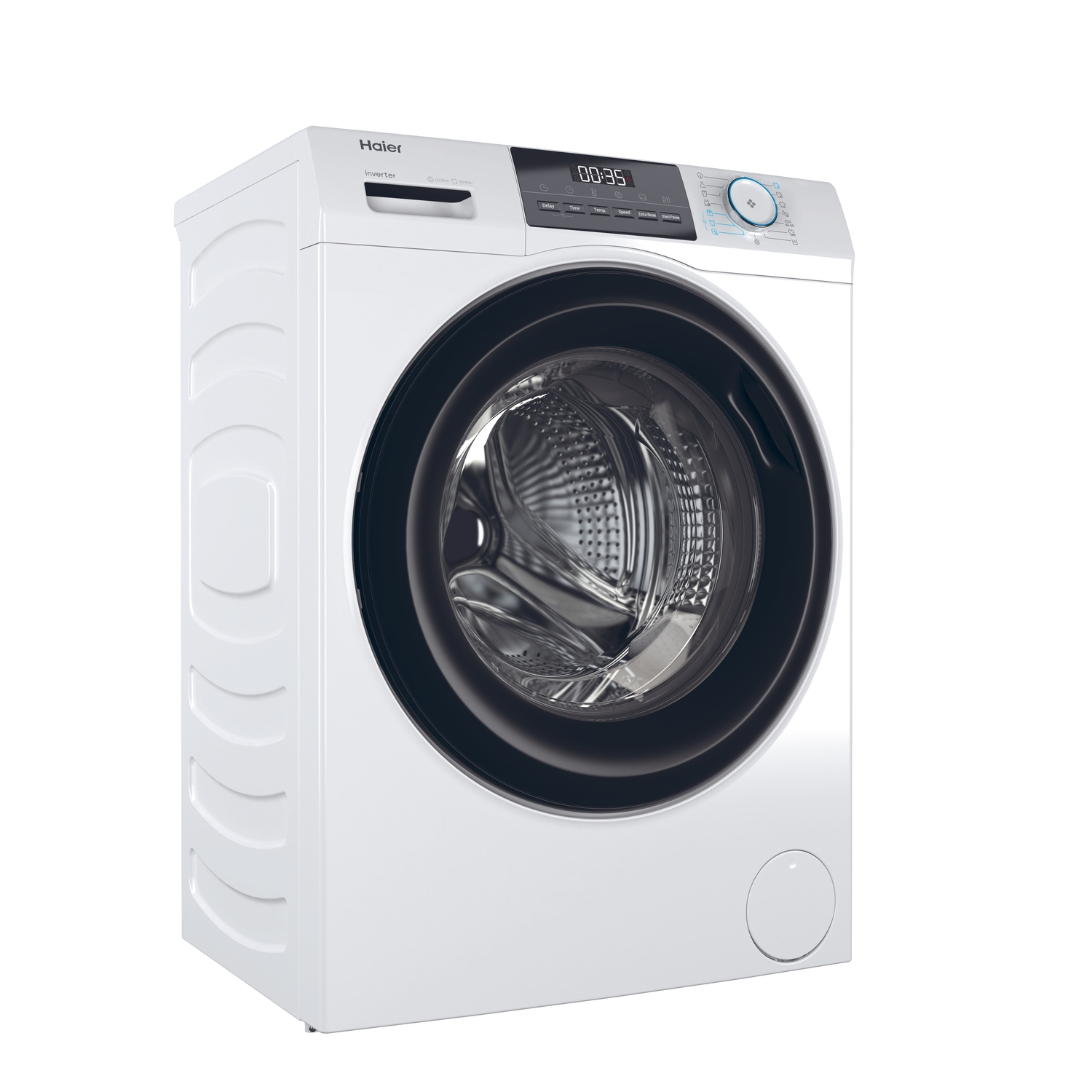 White washing machine. Front view. Black door and control panel.