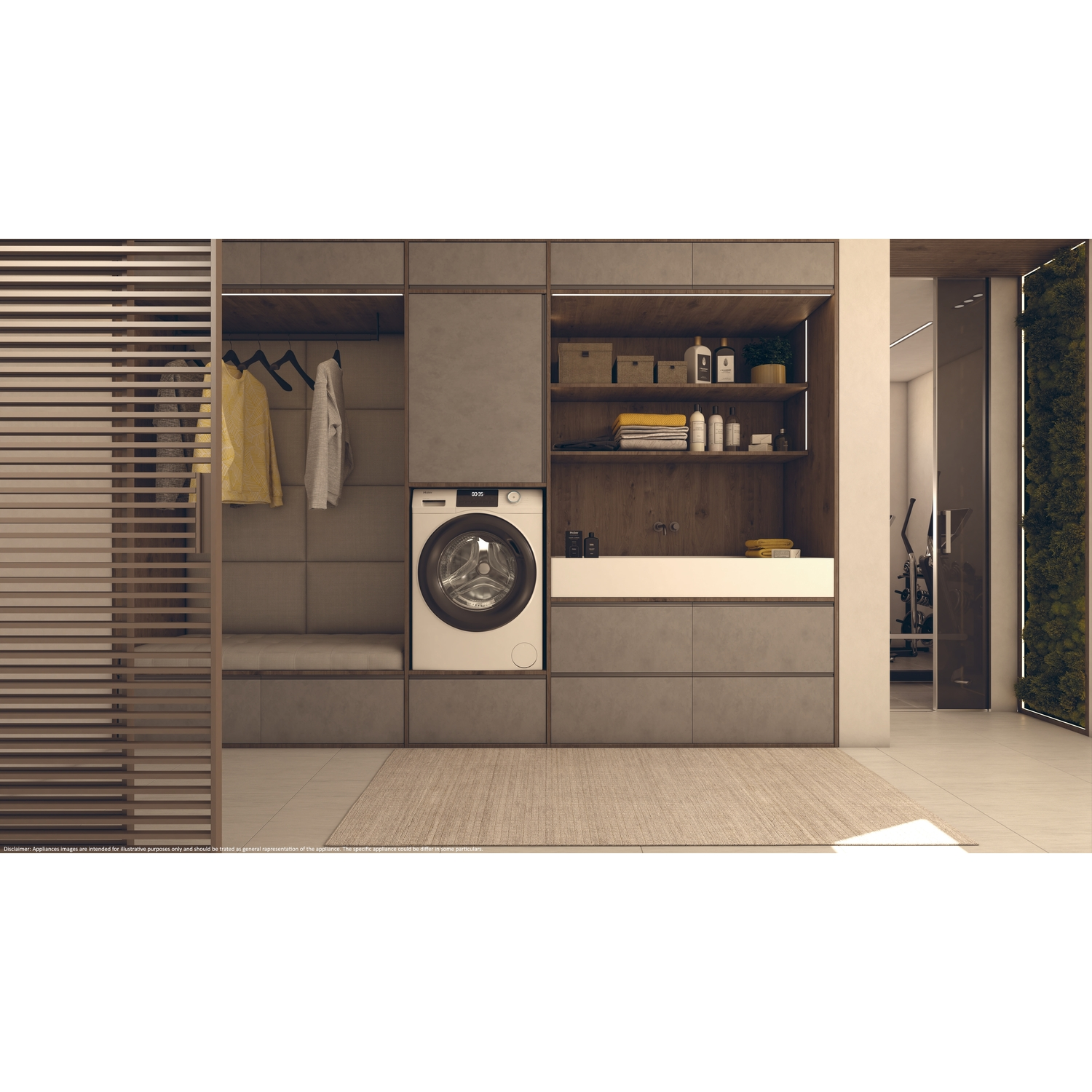 Laundry room with a washing machine, shelves, and a bench. Includes a rug and a sliding door.