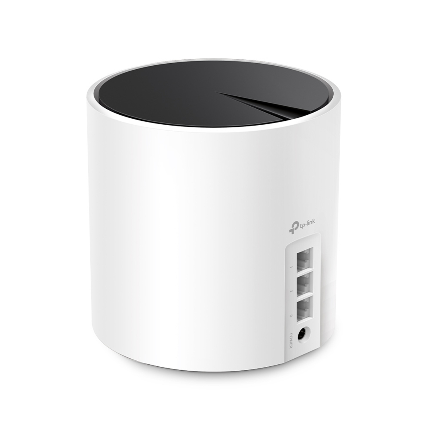 Witte cilindrische TP-Link router met drie poorten.
