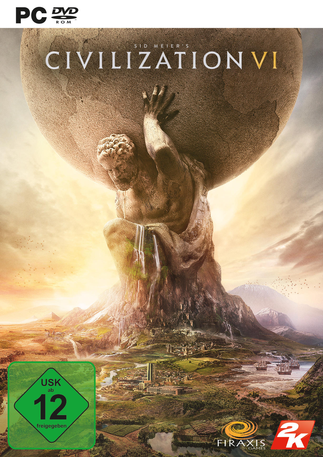 Spielecover: Atlas hält die Welt, Titel Civilization VI, mit Gebäuden und grünem USK-Logo.