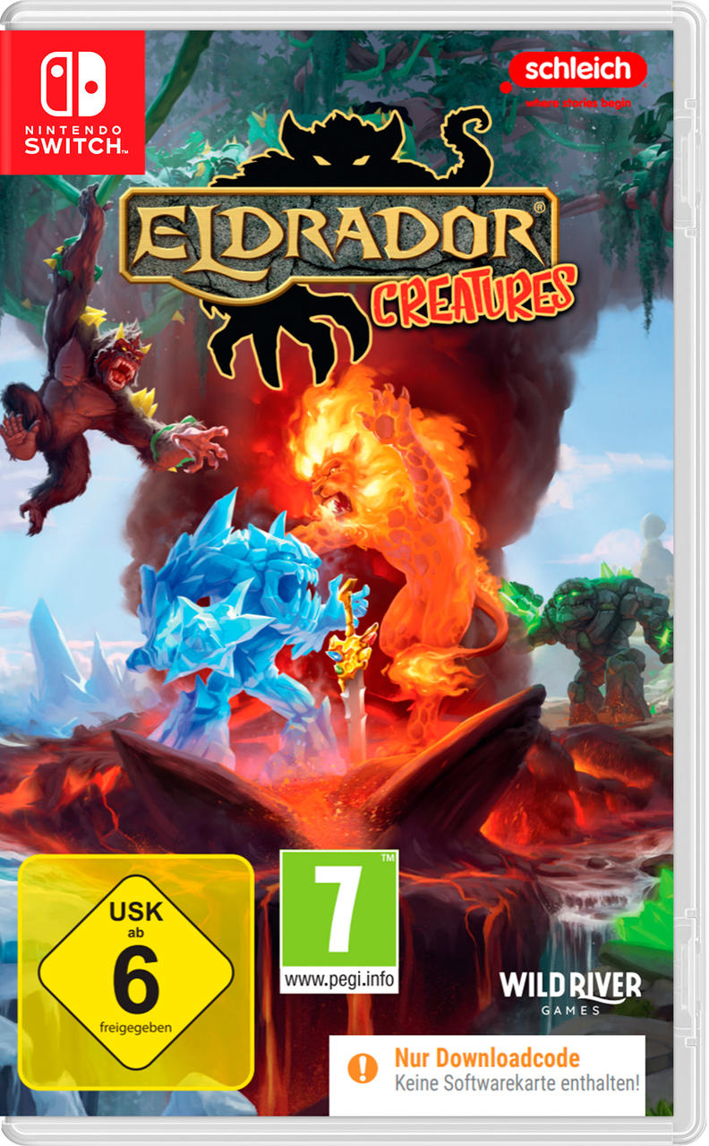 Spielbox. Eldrador Creatures, ein Fantasy-Spiel. Enthält Monster, Lava, Eis und eine Schwertkampfszene.