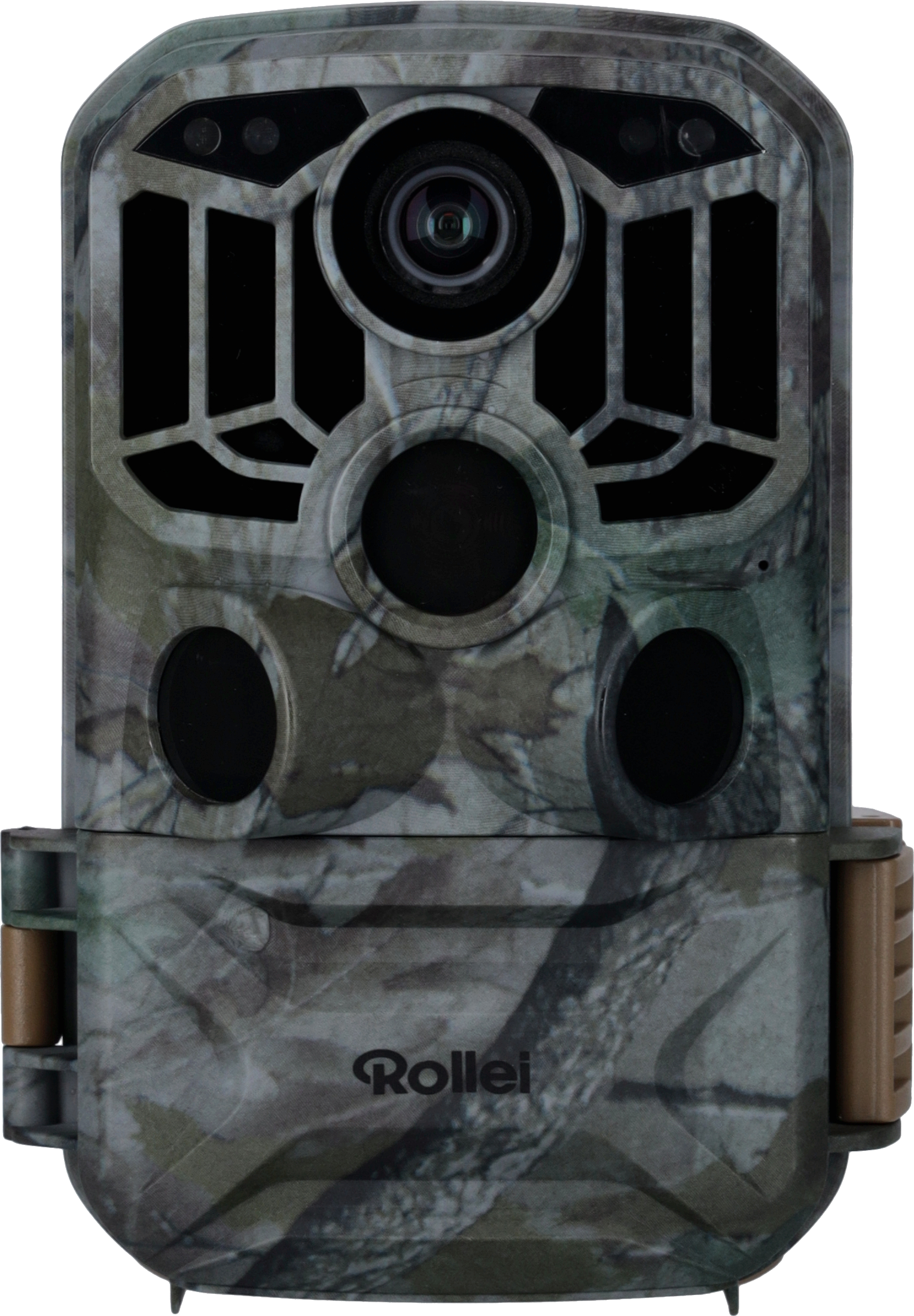 Tarn-Wildkamera. Vorderansicht mit Objektiv, Blitz und Sensoren. Braun-grünes Farbschema.