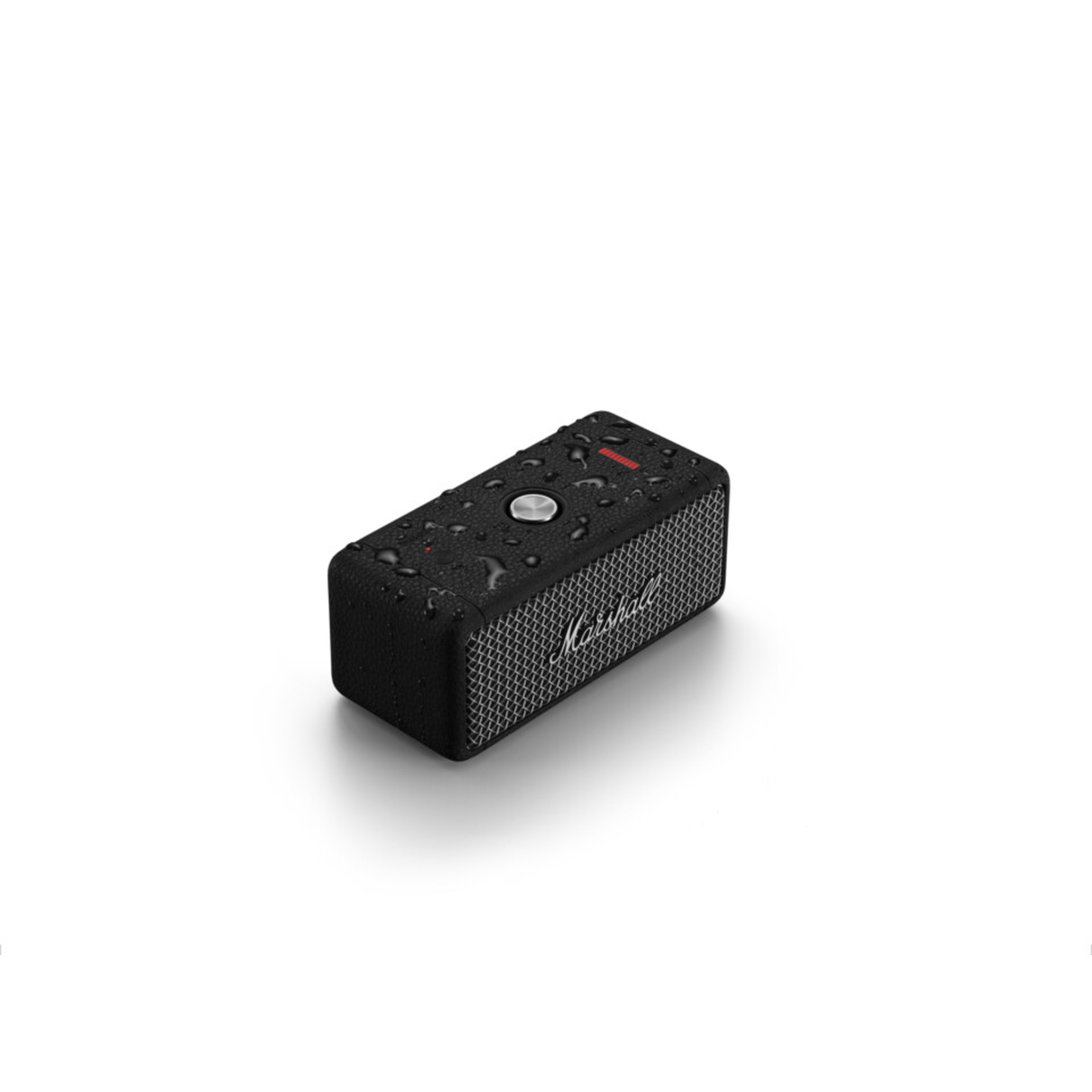 A black Marshall speaker with a silver button and water droplets on a white background.