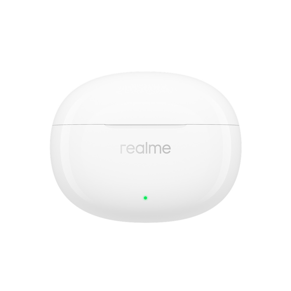 Realme logosu olan beyaz, yuvarlak kulaklık şarj kutusu.