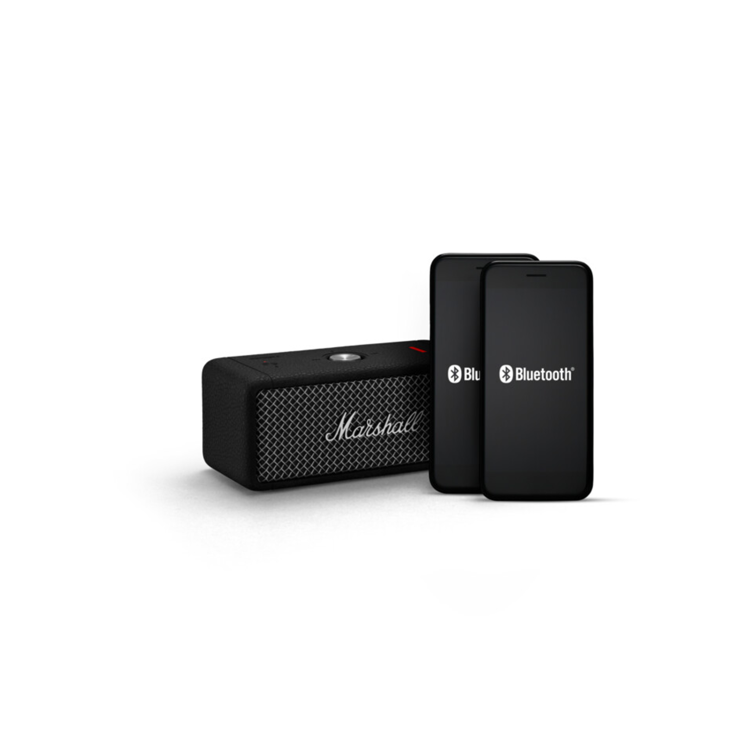 Black Marshall speaker with two smartphones, both showing Bluetooth logo.